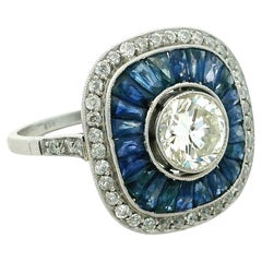 Art Deco Platinum 1.00 Carat Old-Cut Diamond Calibré Sapphire Target Ring