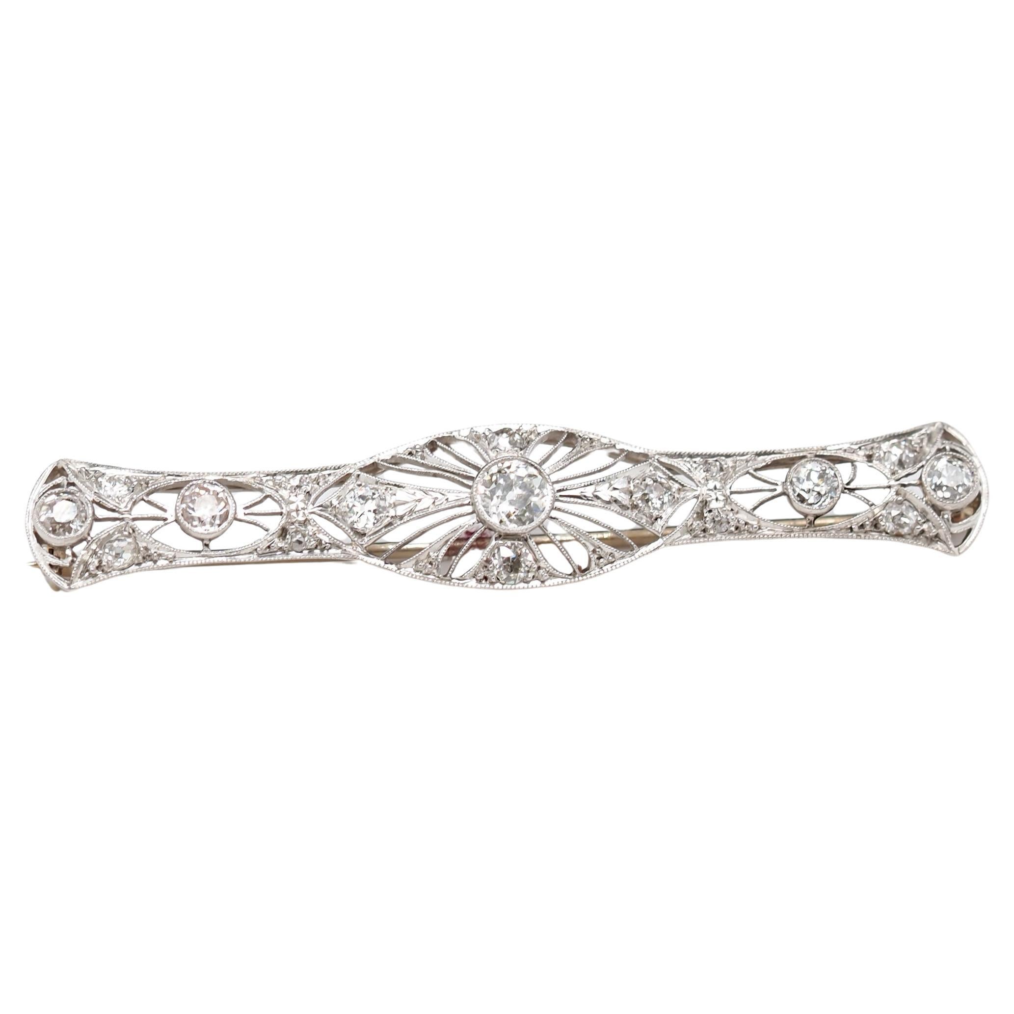 Art Deco Platinum 1.00 Carat Old European Diamond Filigree Bar Brooch Pin For Sale