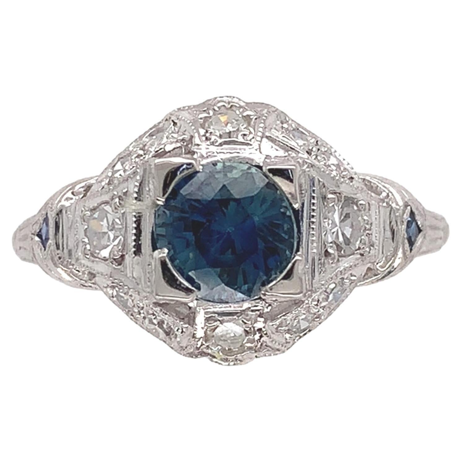 Art Deco Platinum 1.04 carat Sapphire and Diamond Filigree Ring