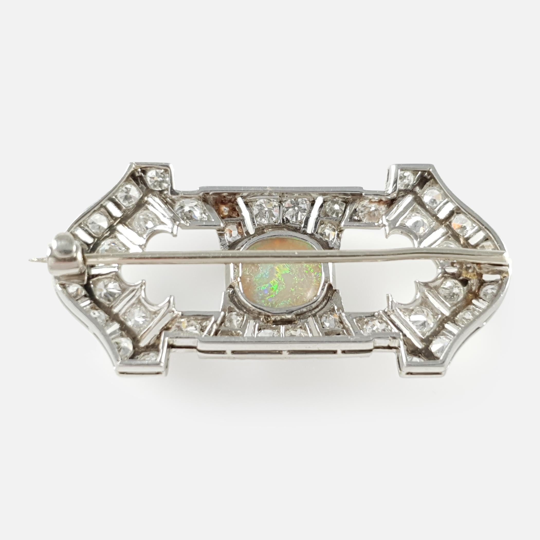 Art Deco Platinum 1.08 Carat Opal and 1.38 Carat Diamond Brooch In Good Condition In Glasgow, GB