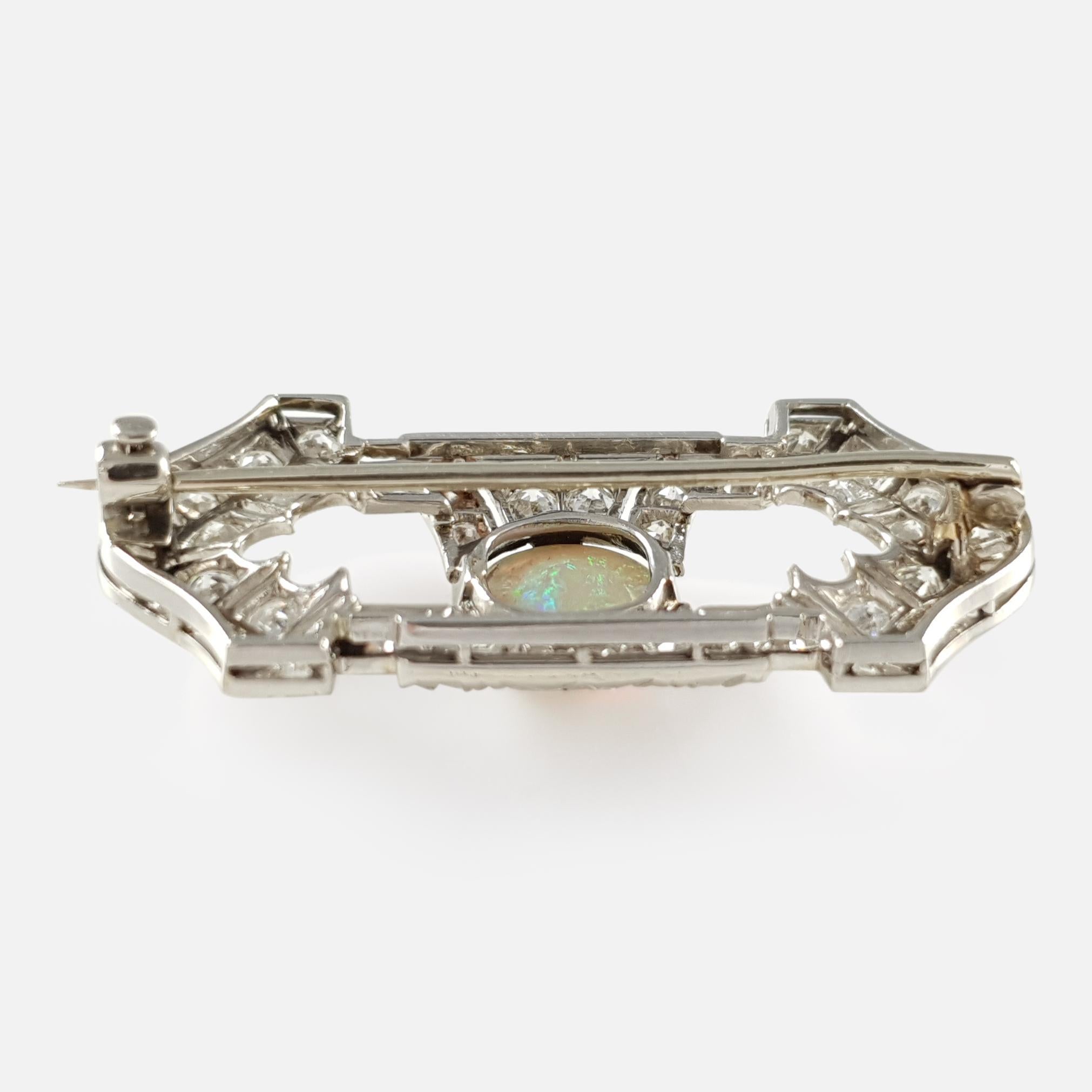 Women's Art Deco Platinum 1.08 Carat Opal and 1.38 Carat Diamond Brooch