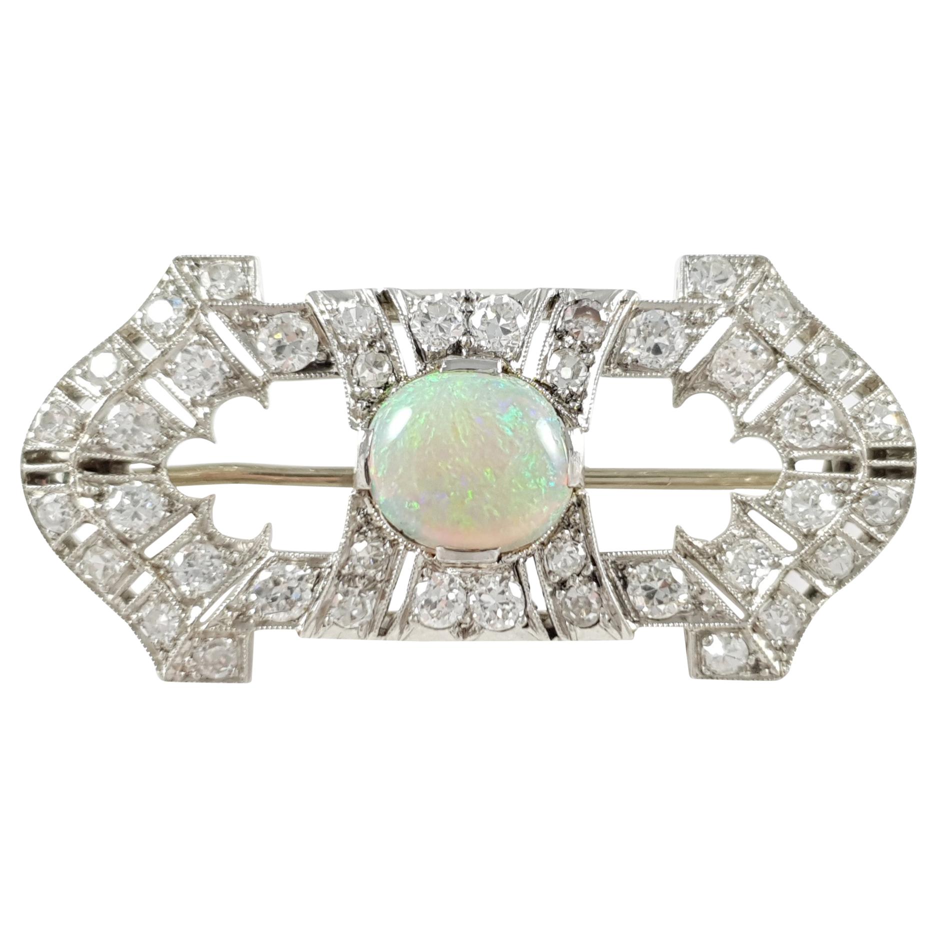 Art Deco Platinum 1.08 Carat Opal and 1.38 Carat Diamond Brooch