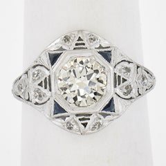 Art Deco Platinum 1.10ctw Diamond & Triangular Synthetic Sapphire Cocktail Ring