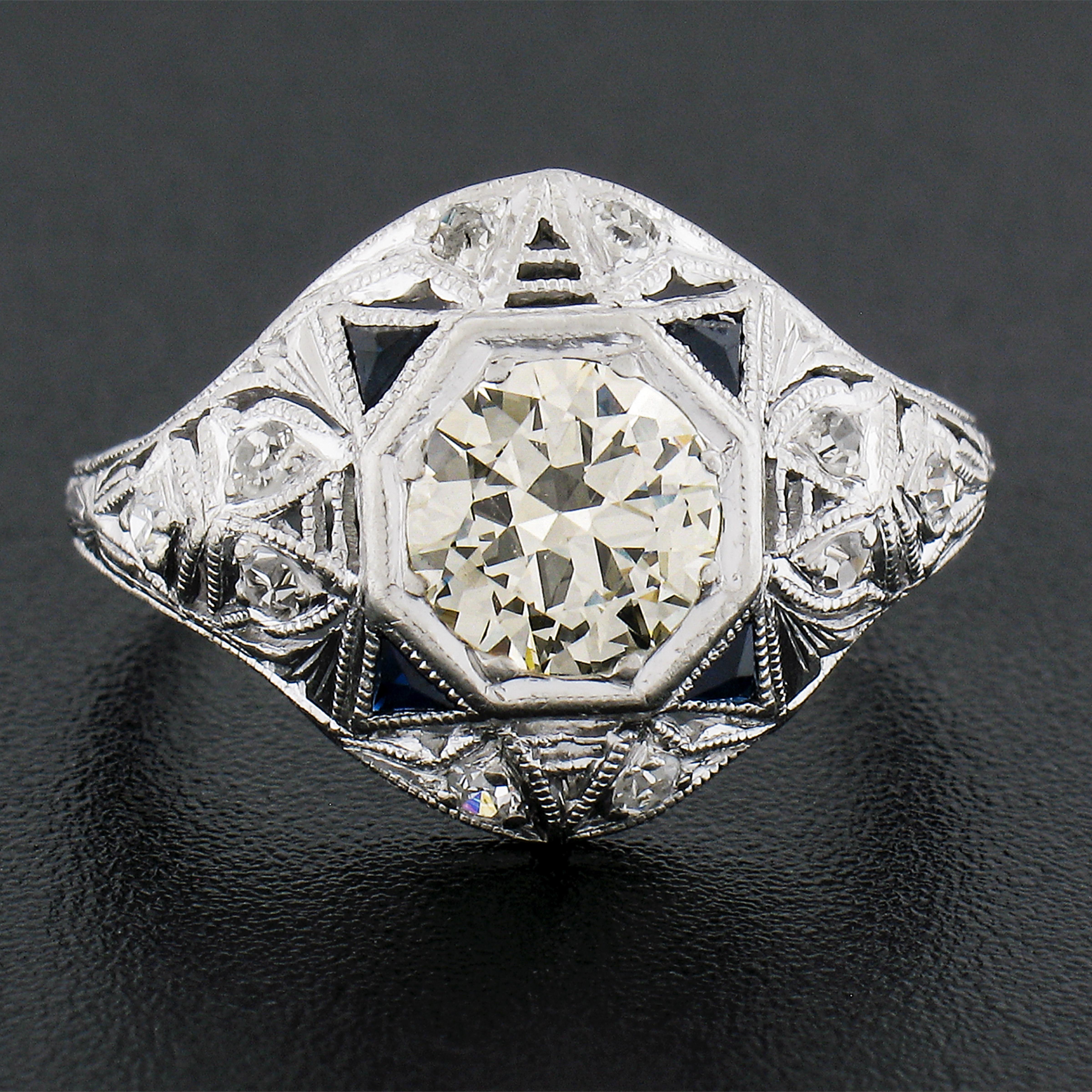 Old European Cut Art Deco Platinum 1.10ctw Diamond & Triangular Synthetic Sapphire Cocktail Ring For Sale
