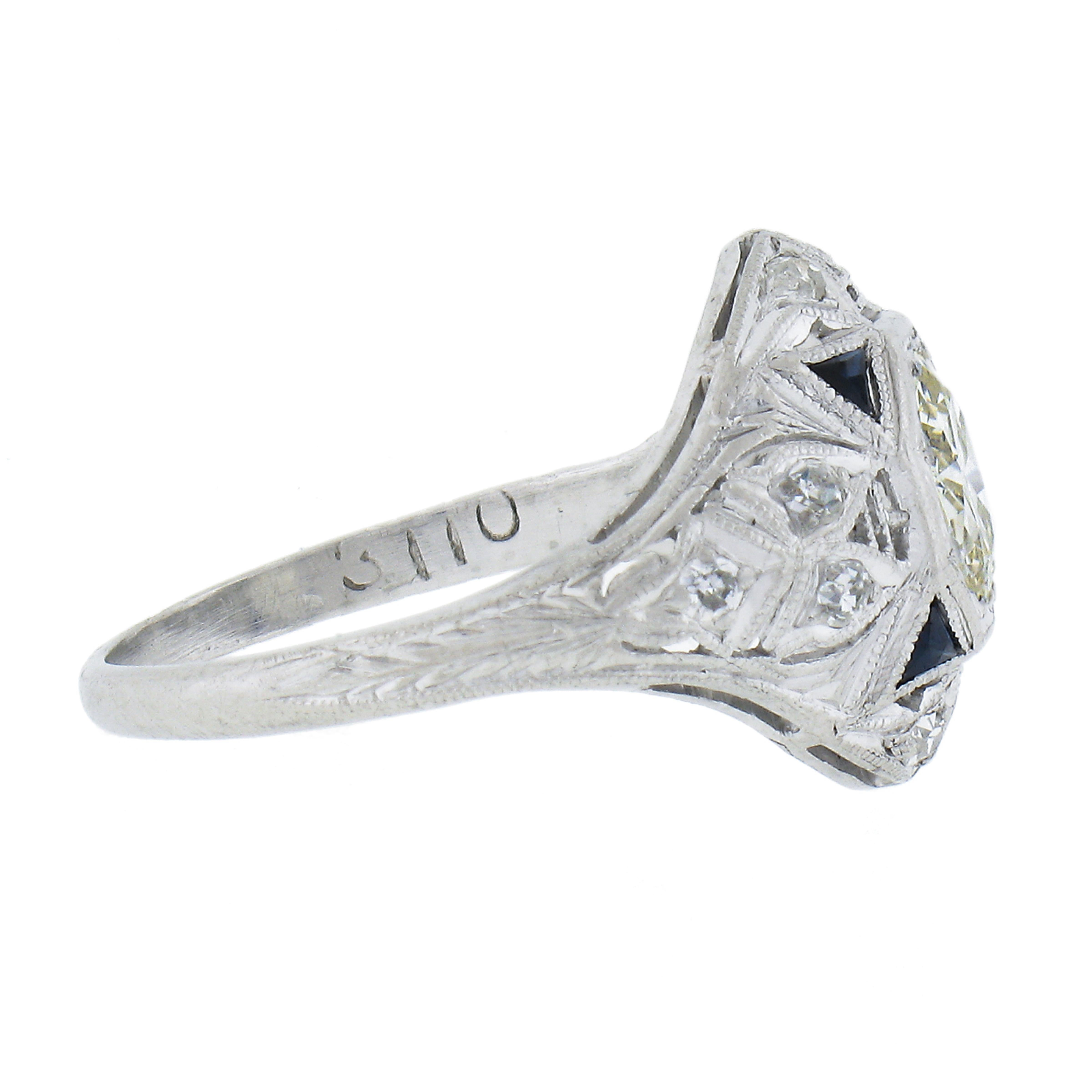 Women's Art Deco Platinum 1.10ctw Diamond & Triangular Synthetic Sapphire Cocktail Ring For Sale