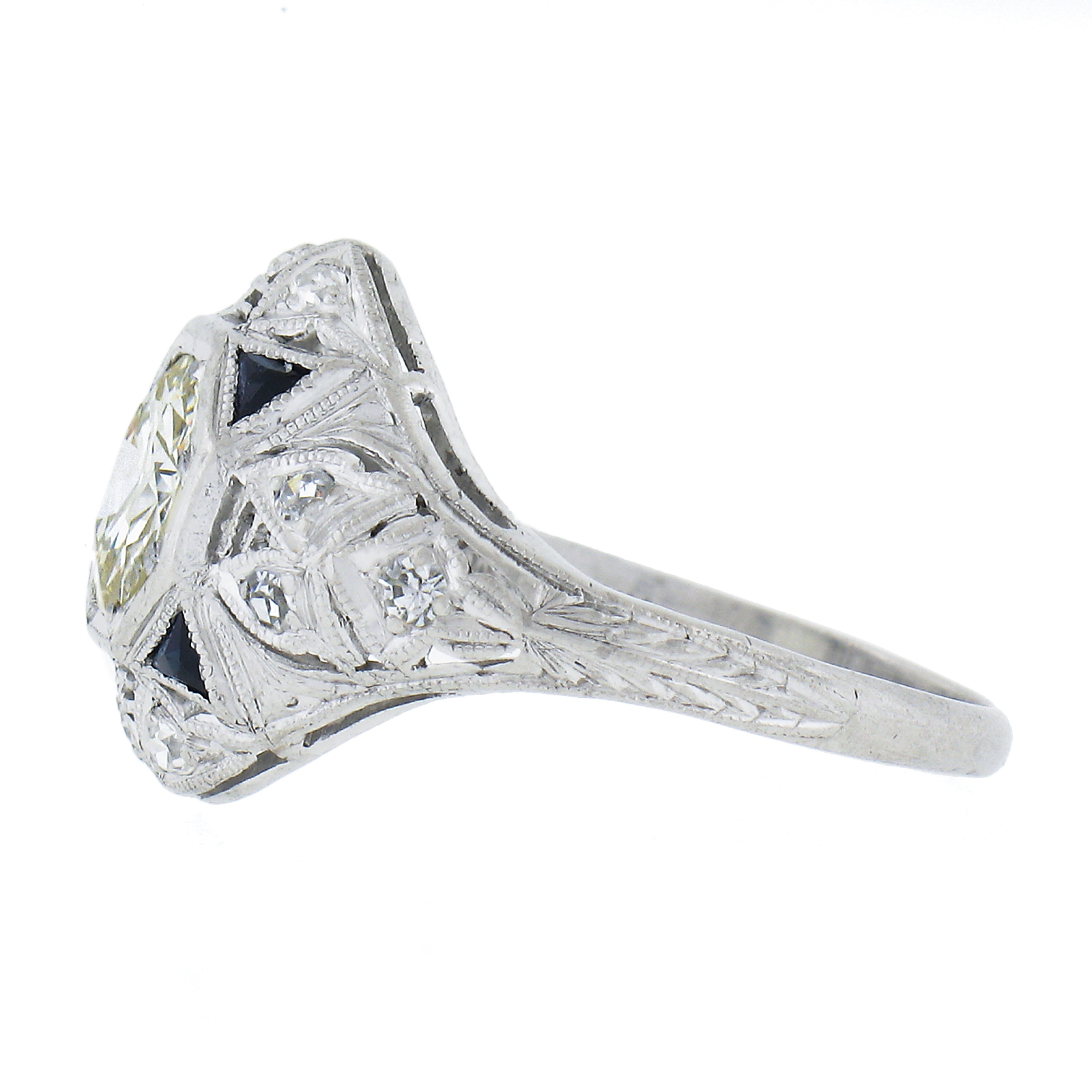 Art Deco Platinum 1.10ctw Diamond & Triangular Synthetic Sapphire Cocktail Ring For Sale 1