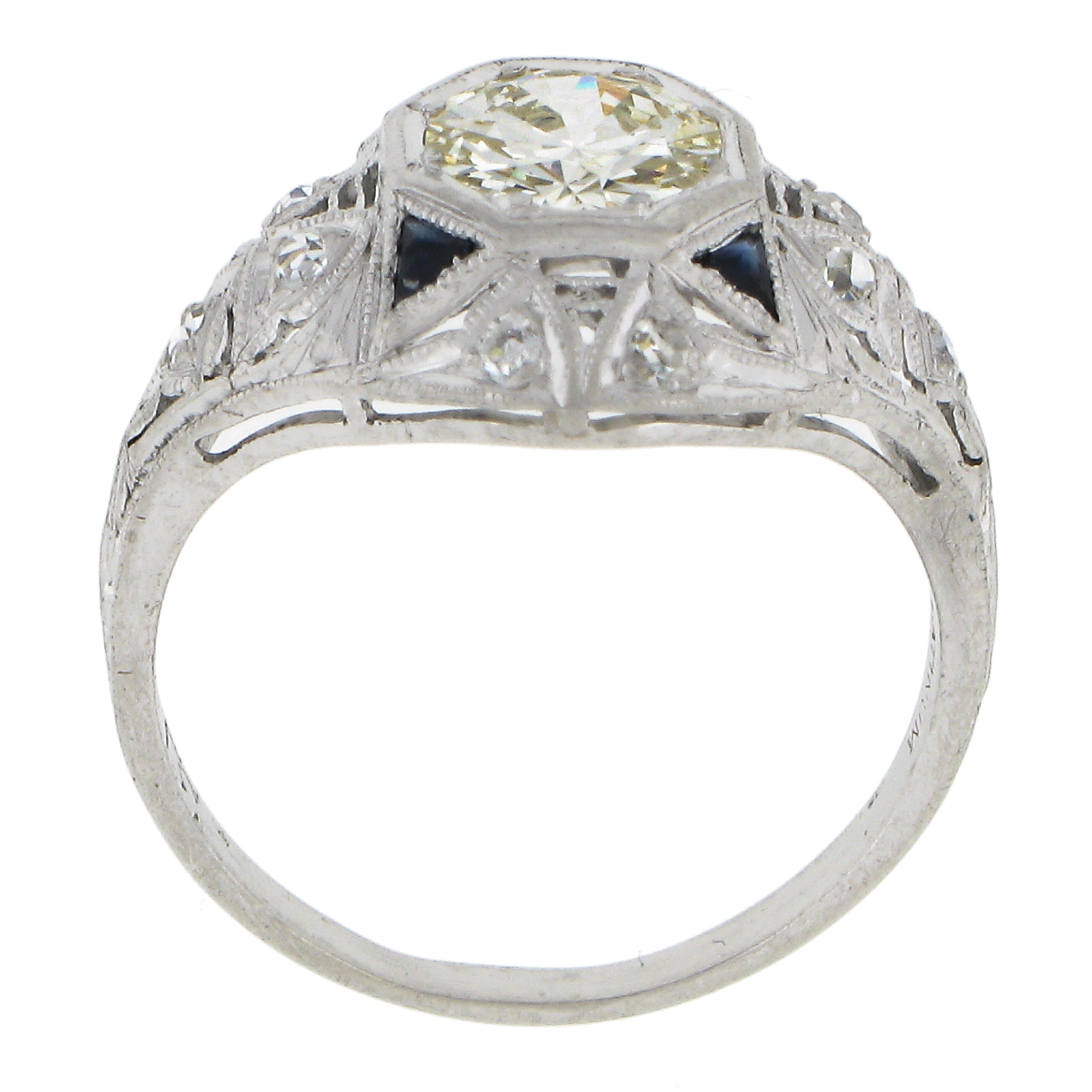 Art Deco Platinum 1.10ctw Diamond & Triangular Synthetic Sapphire Cocktail Ring For Sale 3