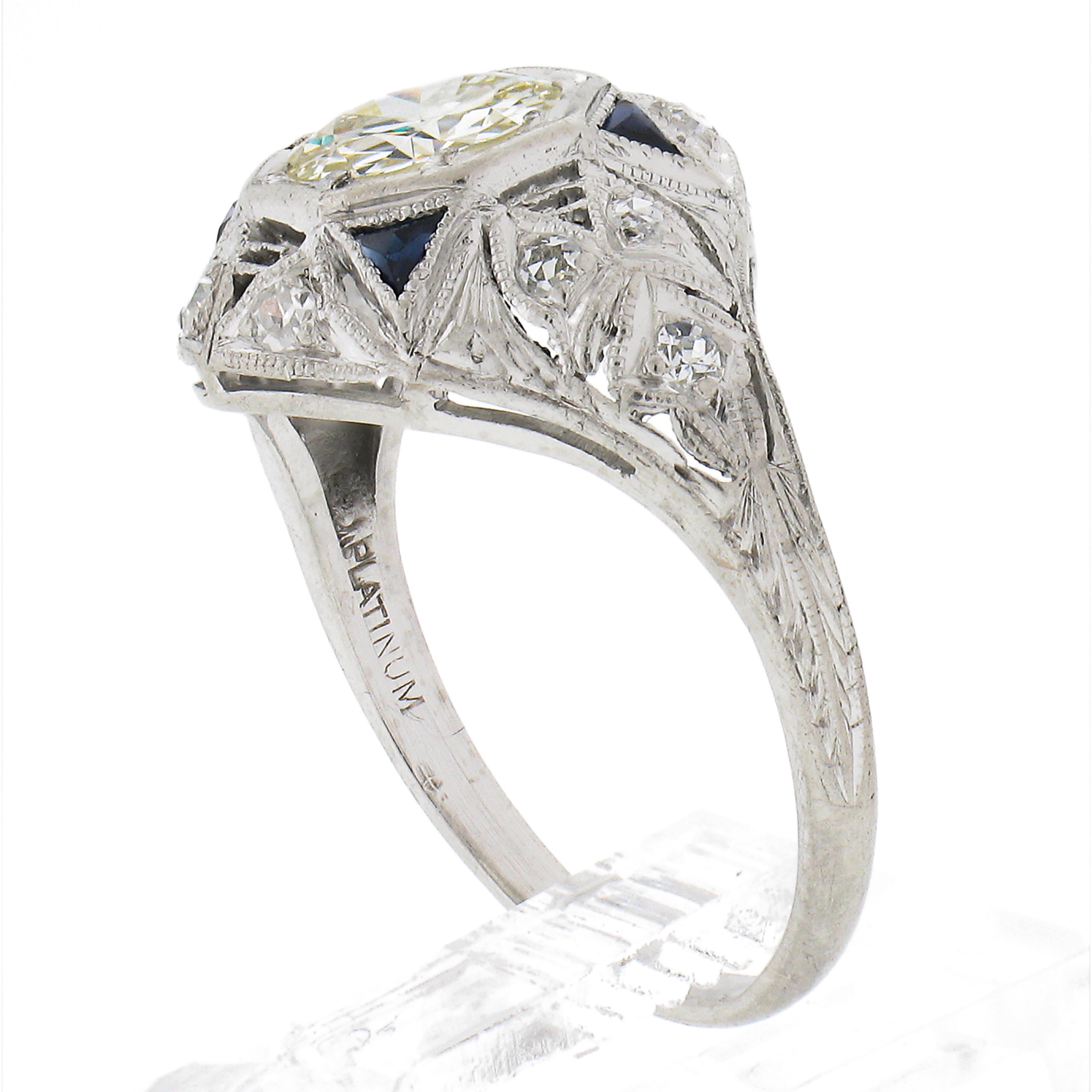 Art Deco Platinum 1.10ctw Diamond & Triangular Synthetic Sapphire Cocktail Ring For Sale 4