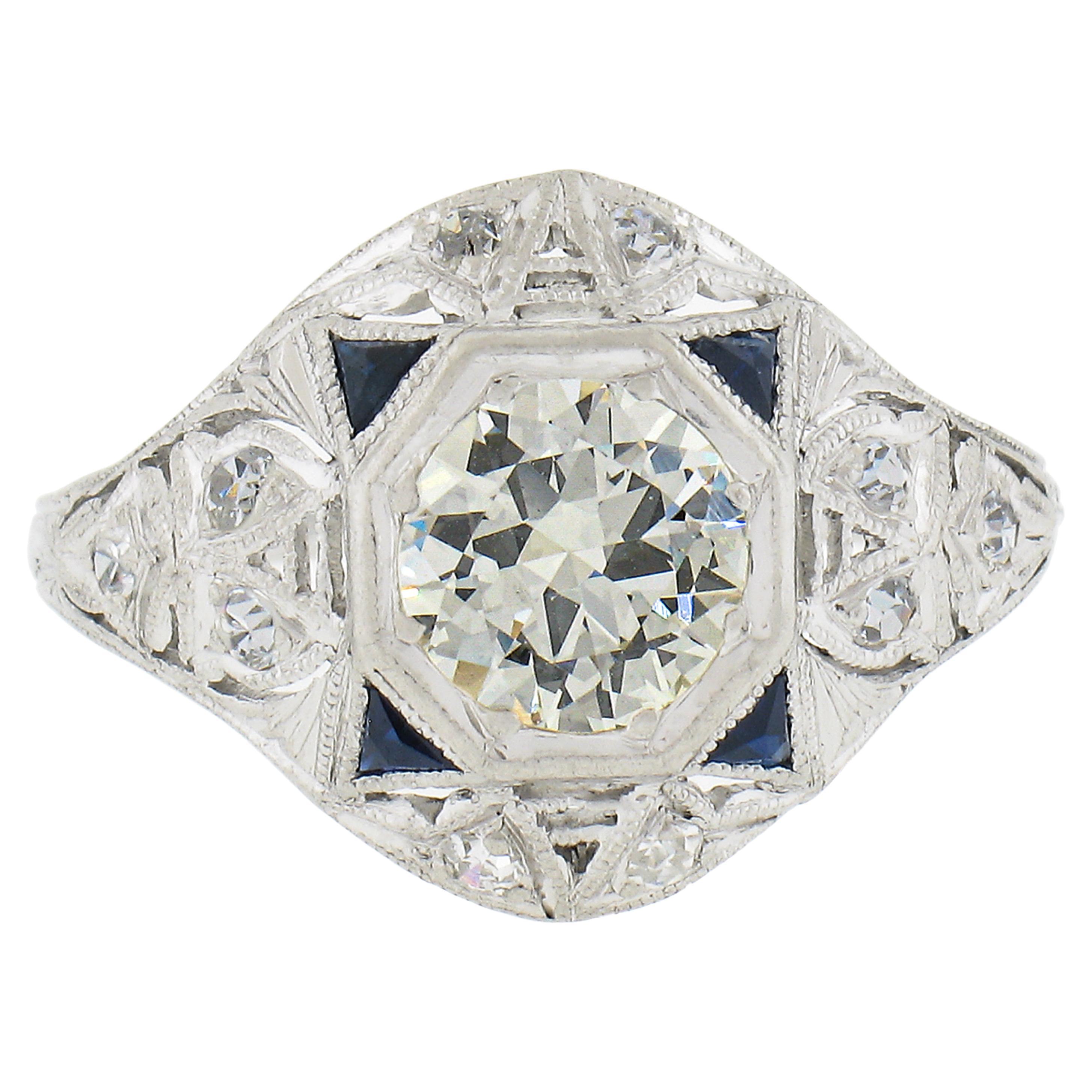 Art Deco Platinum 1.10ctw Diamond & Triangular Synthetic Sapphire Cocktail Ring For Sale