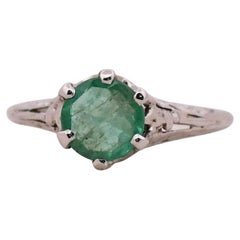 Art Deco Platinum 1.12 Carat Natural Emerald Solitaire Filigree Engagement Ring 