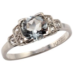 Antique 1920s Platinum Ring 1:20 Carat Aquamarine Art Deco Stepped Shoulders