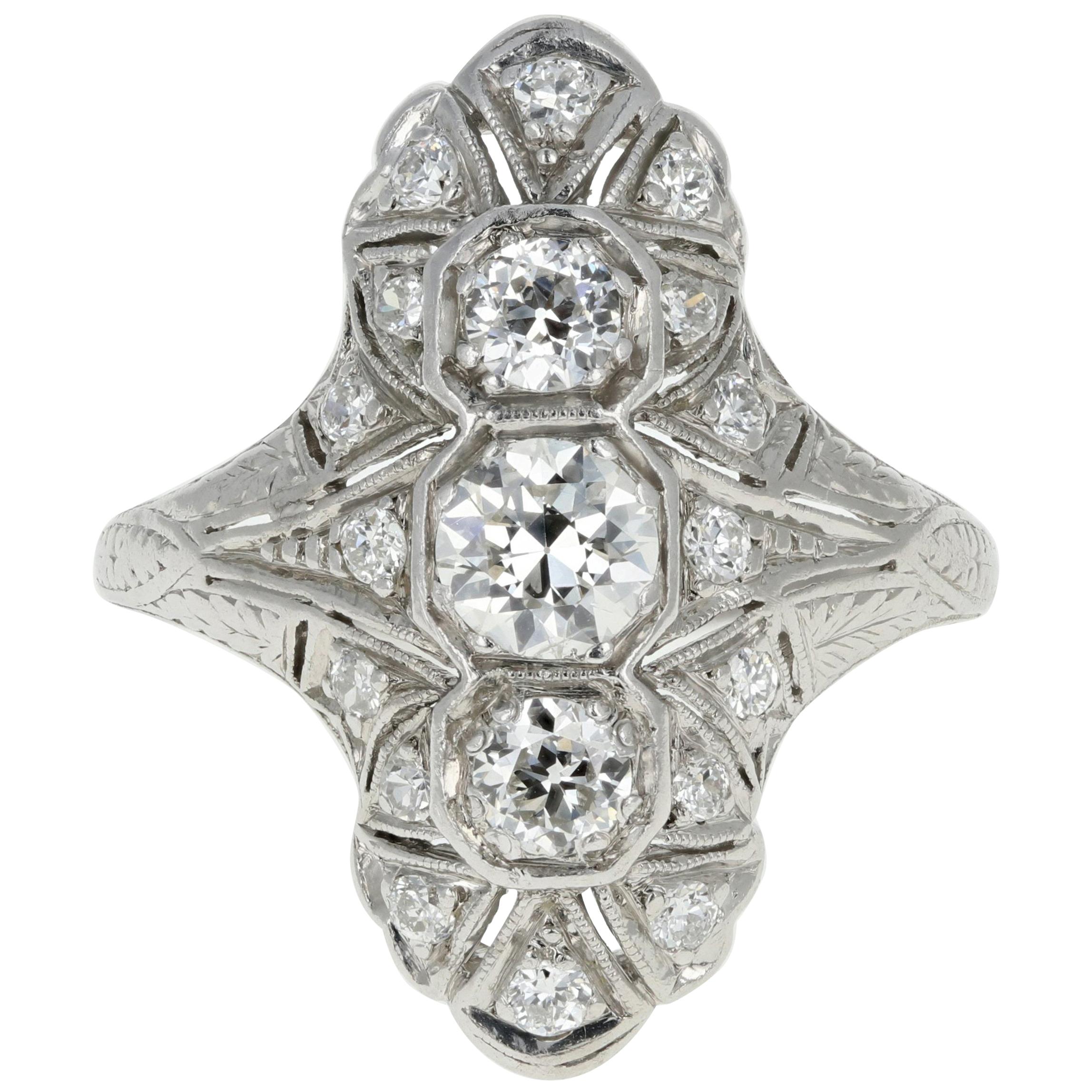 Art Deco Platinum 1.22 Carat Diamond Shield Ring