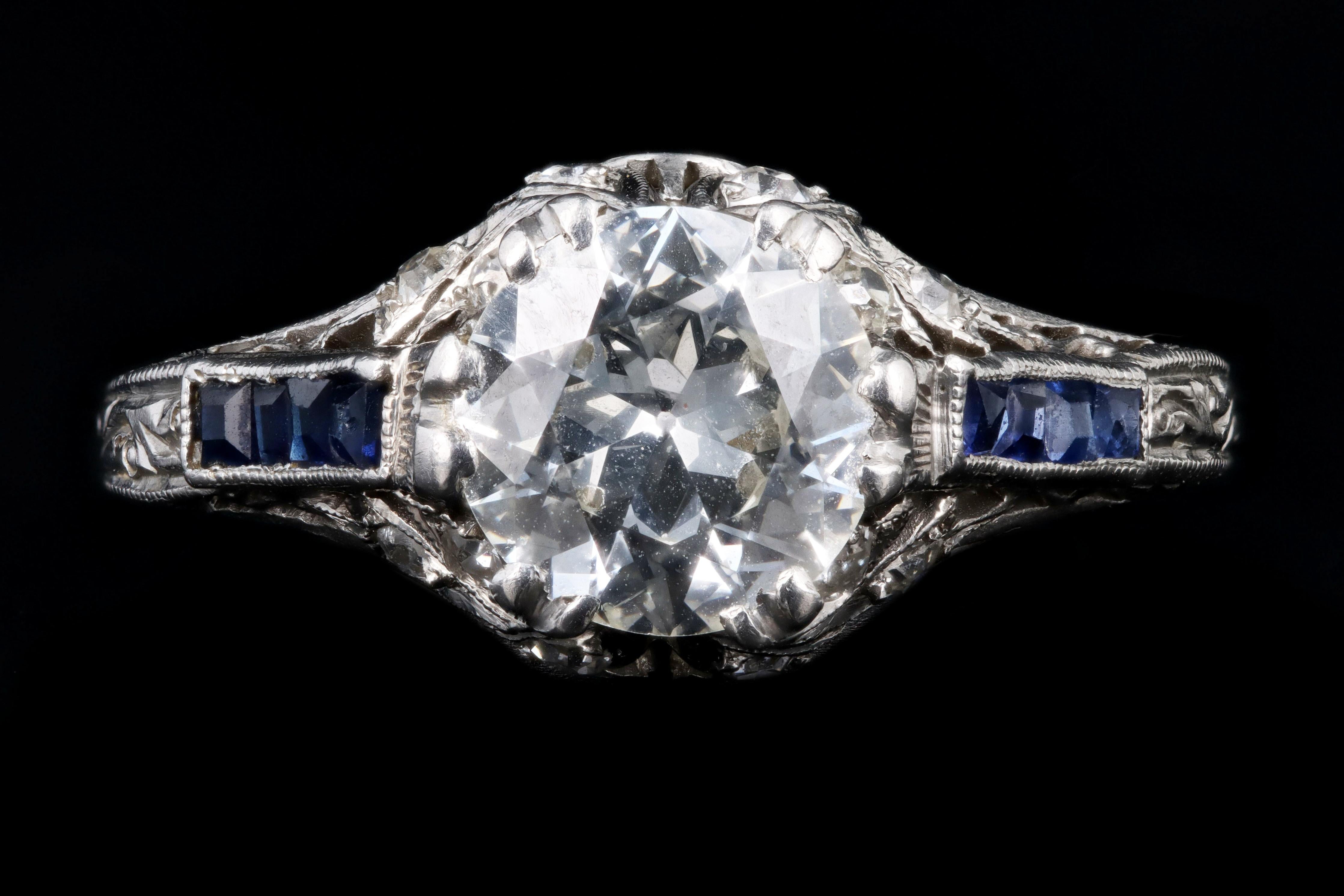 Art Deco Platin 1,25 Karat Diamant & Saphir Verlobungsring mit alteuropäischem Schliff (Art déco) im Angebot