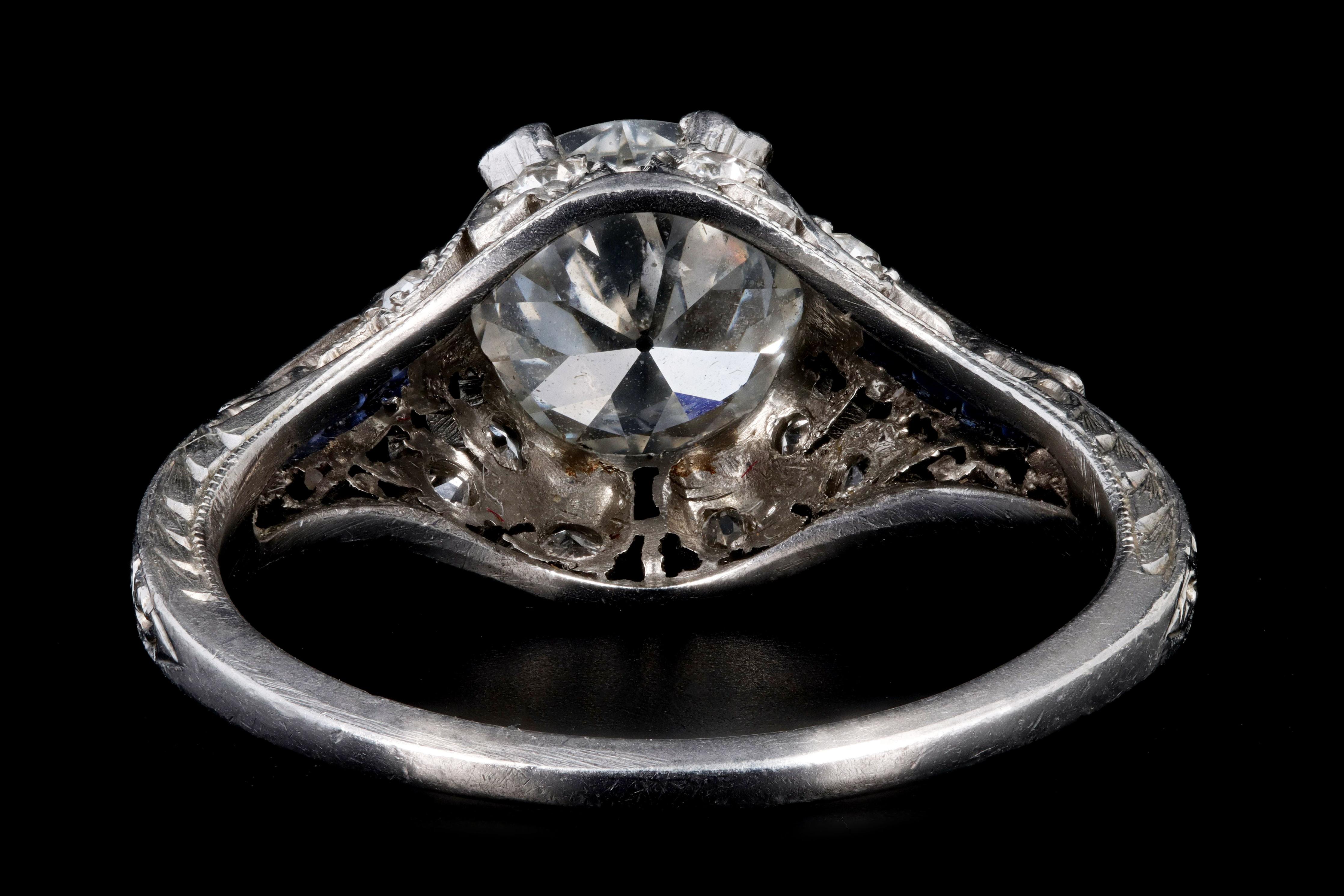 Art Deco Platin 1,25 Karat Diamant & Saphir Verlobungsring mit alteuropäischem Schliff im Zustand „Hervorragend“ im Angebot in Cape May, NJ