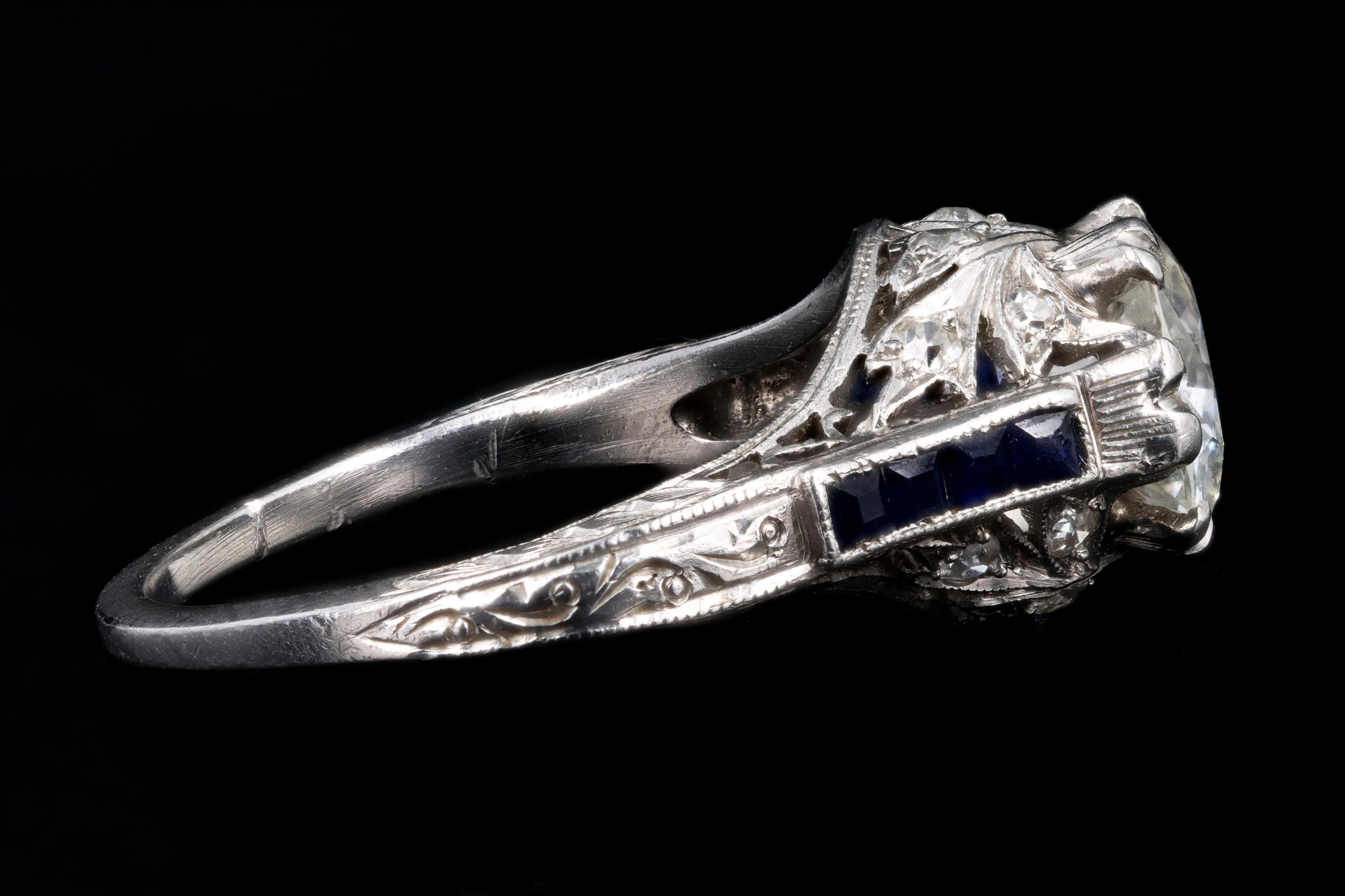 Art Deco Platin 1,25 Karat Diamant & Saphir Verlobungsring mit alteuropäischem Schliff Damen im Angebot