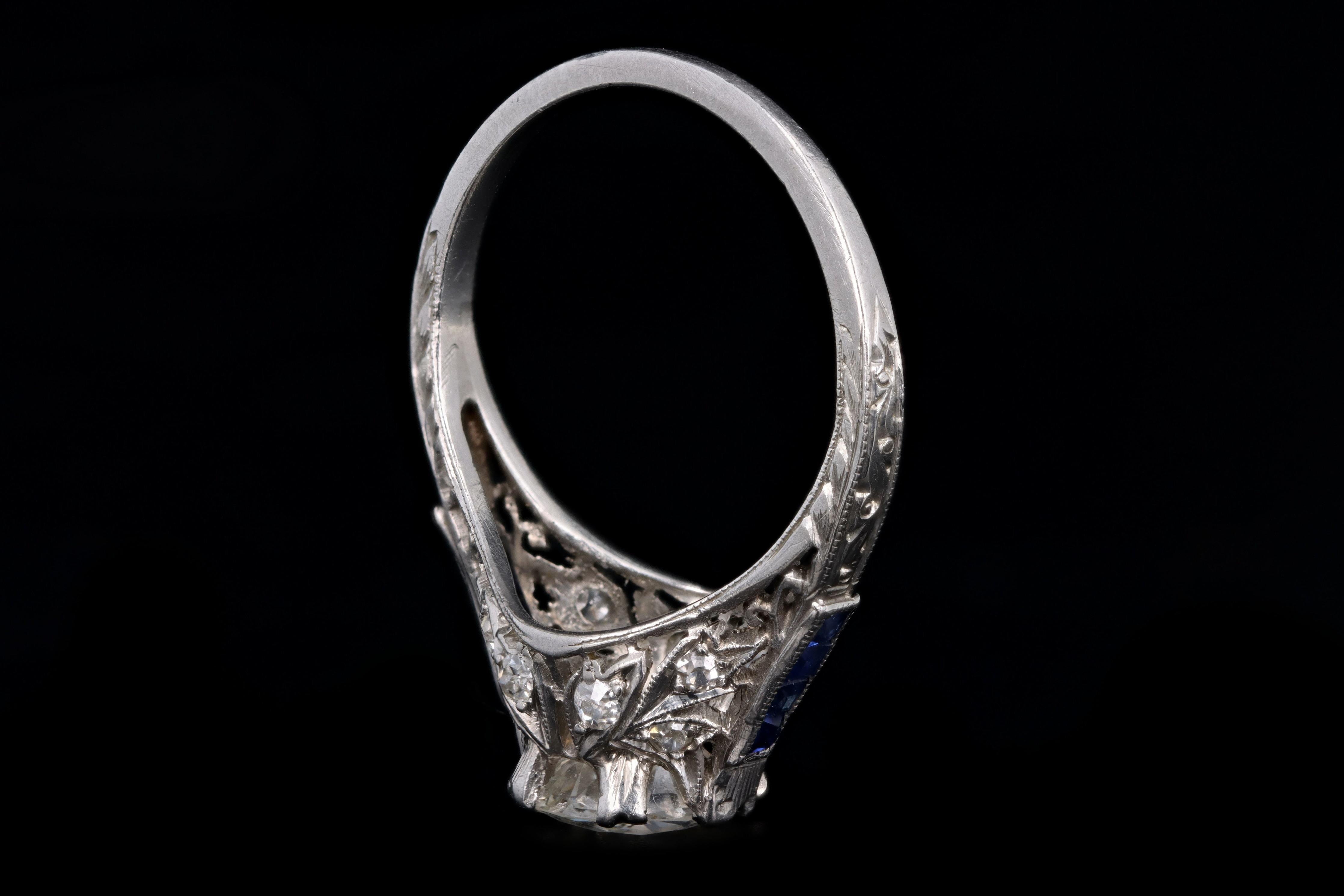 Art Deco Platin 1,25 Karat Diamant & Saphir Verlobungsring mit alteuropäischem Schliff im Angebot 3