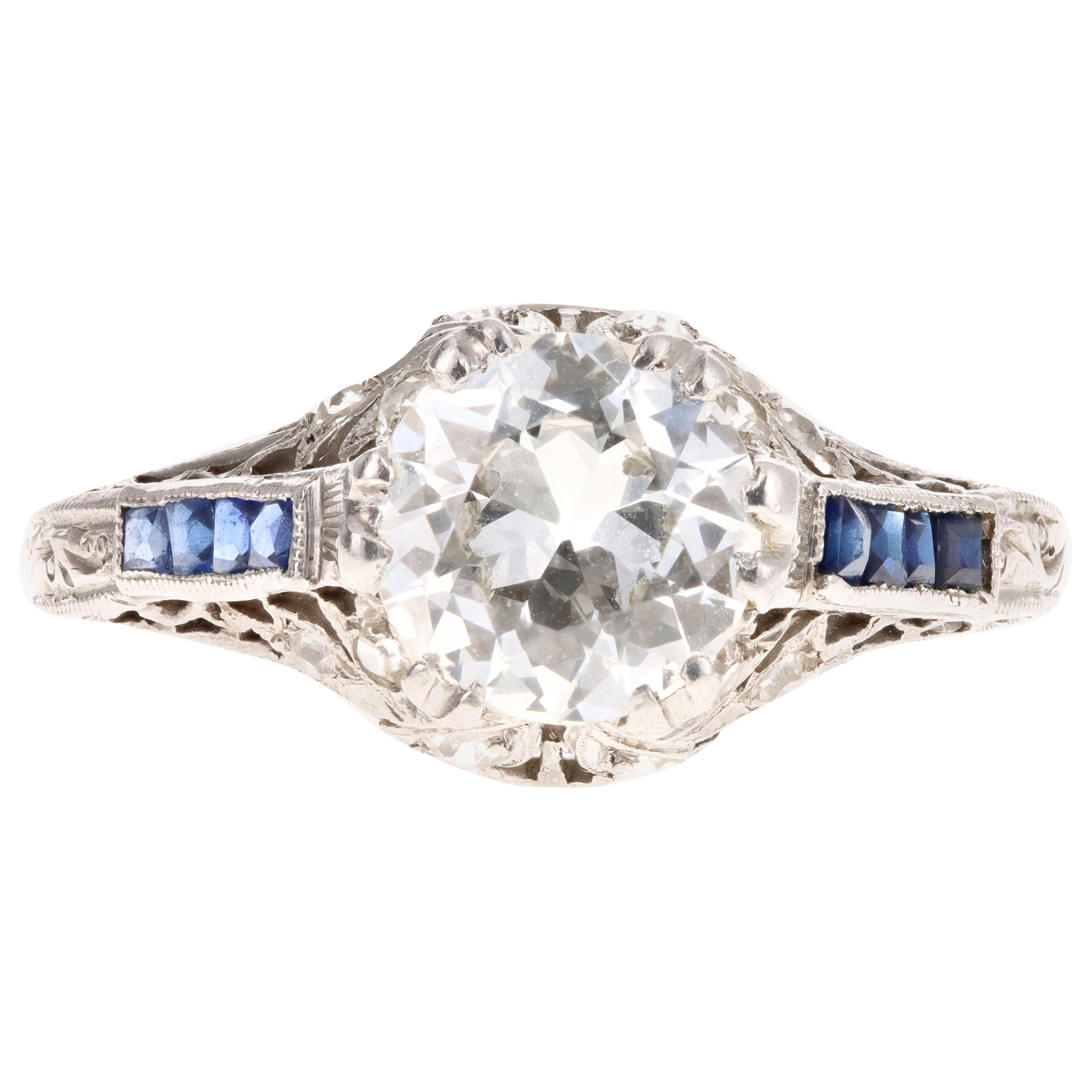 Art Deco Platinum 1.25 Carat Old European Cut Diamond & Sapphire Engagement Ring
