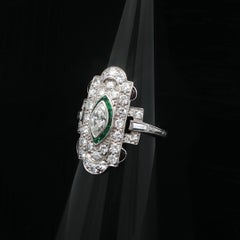 Art Deco Platinum 1.25ctw Diamond Green Stones Unique Shield Dinner Ring