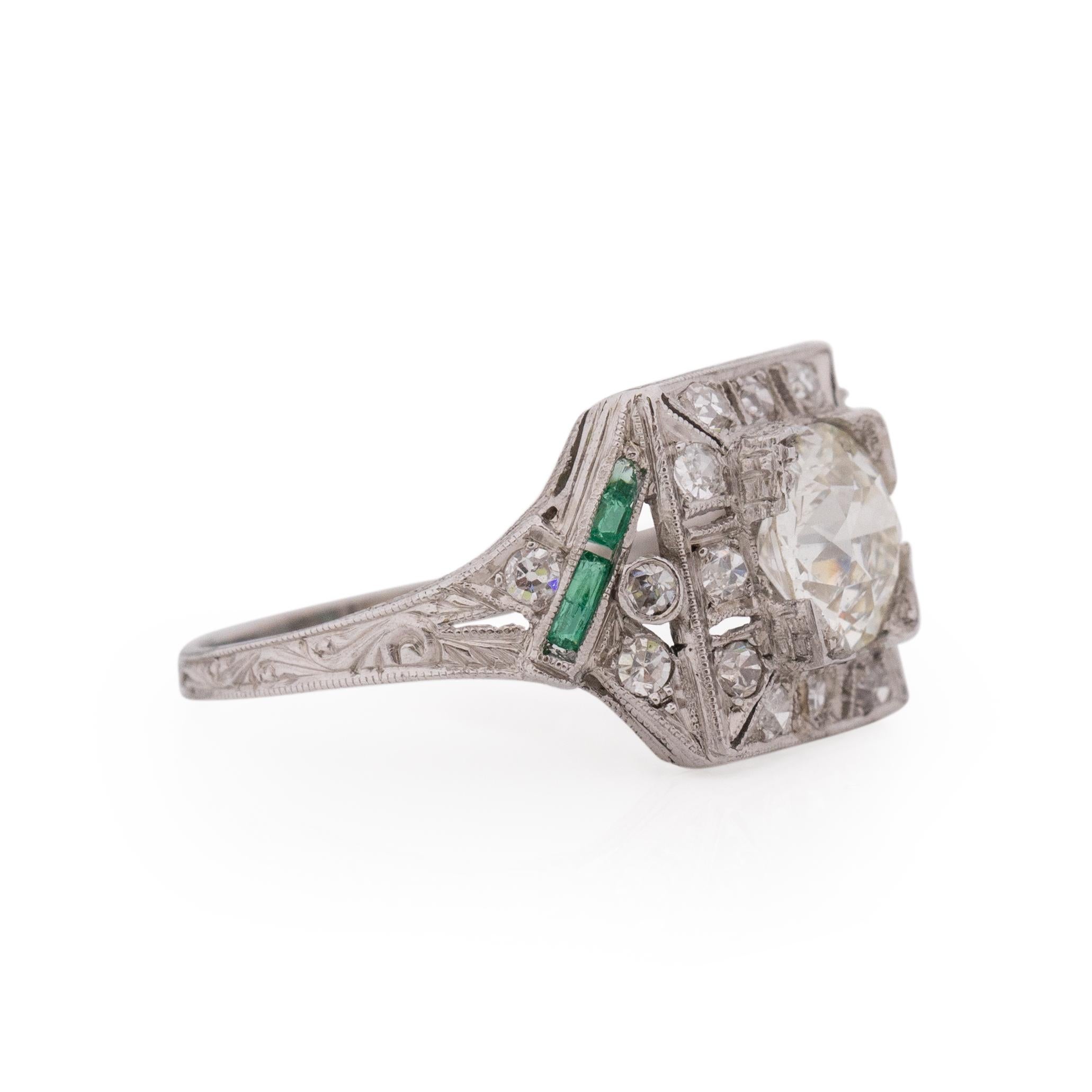 This beautiful are deco piece is fit for royalty. From the filigree on the shanks to the center 1.26 Ct diamond this ring is a work of art. Every detail works perfectly together to make this one of a kind piece. Crafted in platinum the center