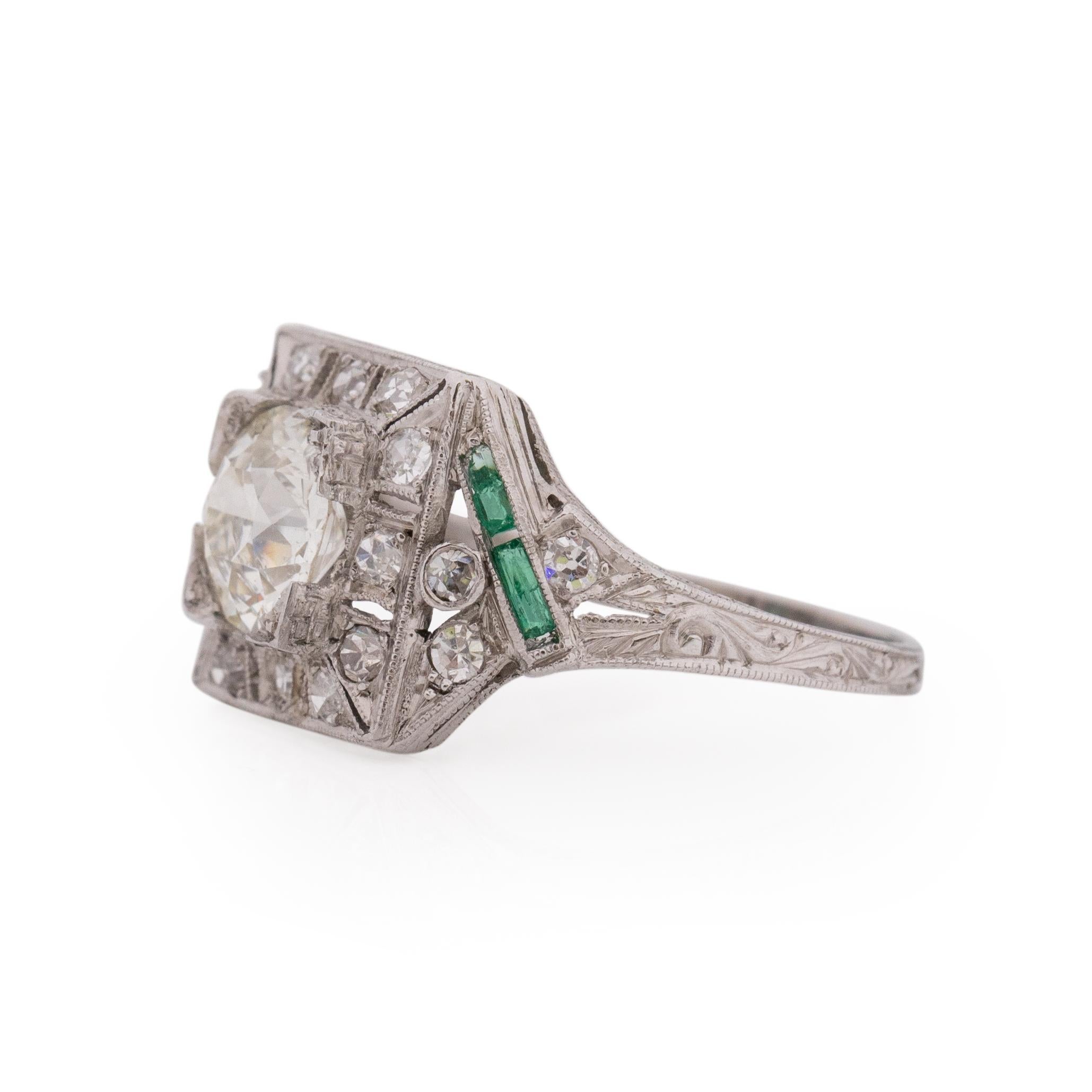 Old European Cut Art Deco Platinum 1.26 Ct GIA Certified Diamond and Emerald Vintage Ring