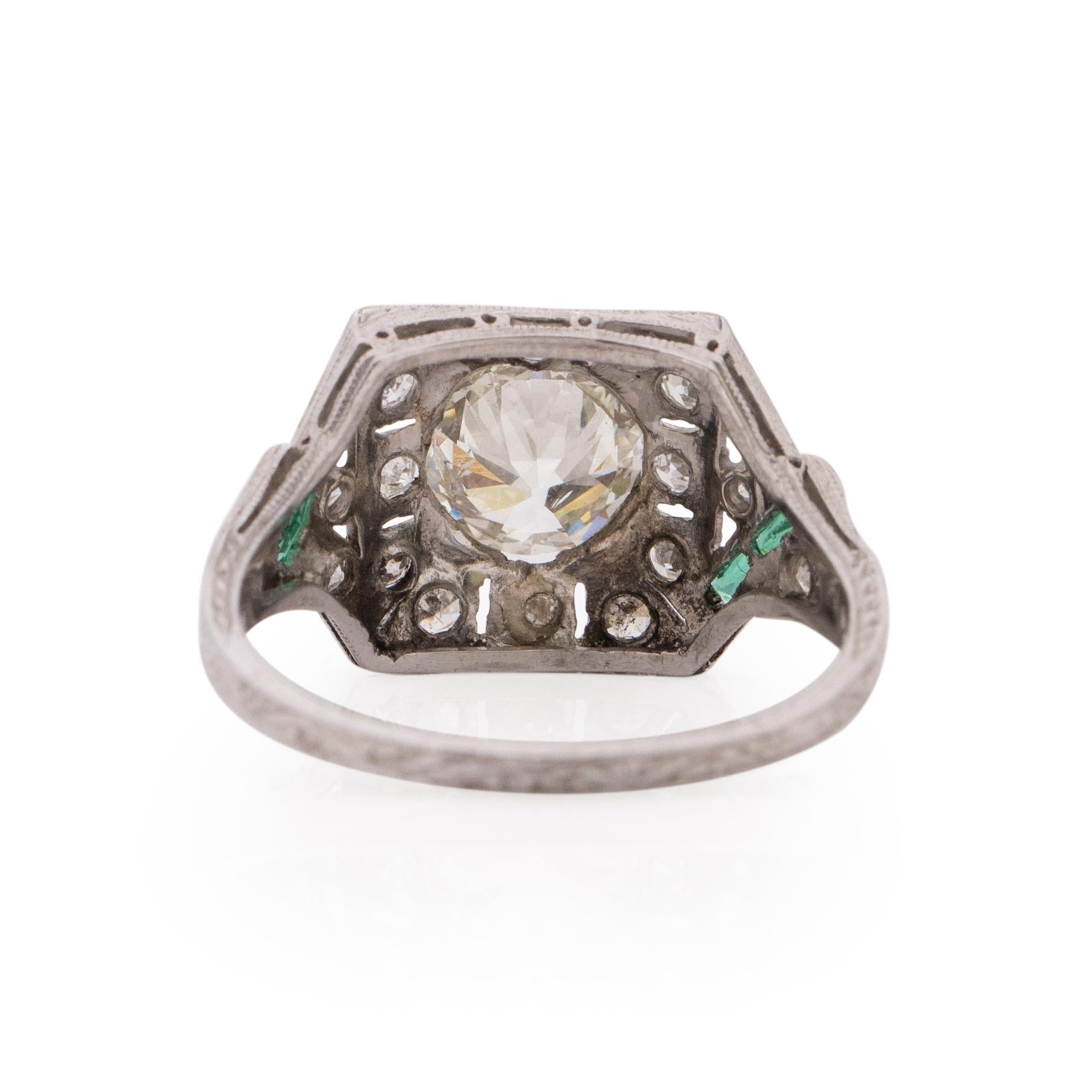 Art Deco Platinum 1.26 Ct GIA Certified Diamond and Emerald Vintage Ring In Good Condition In Addison, TX