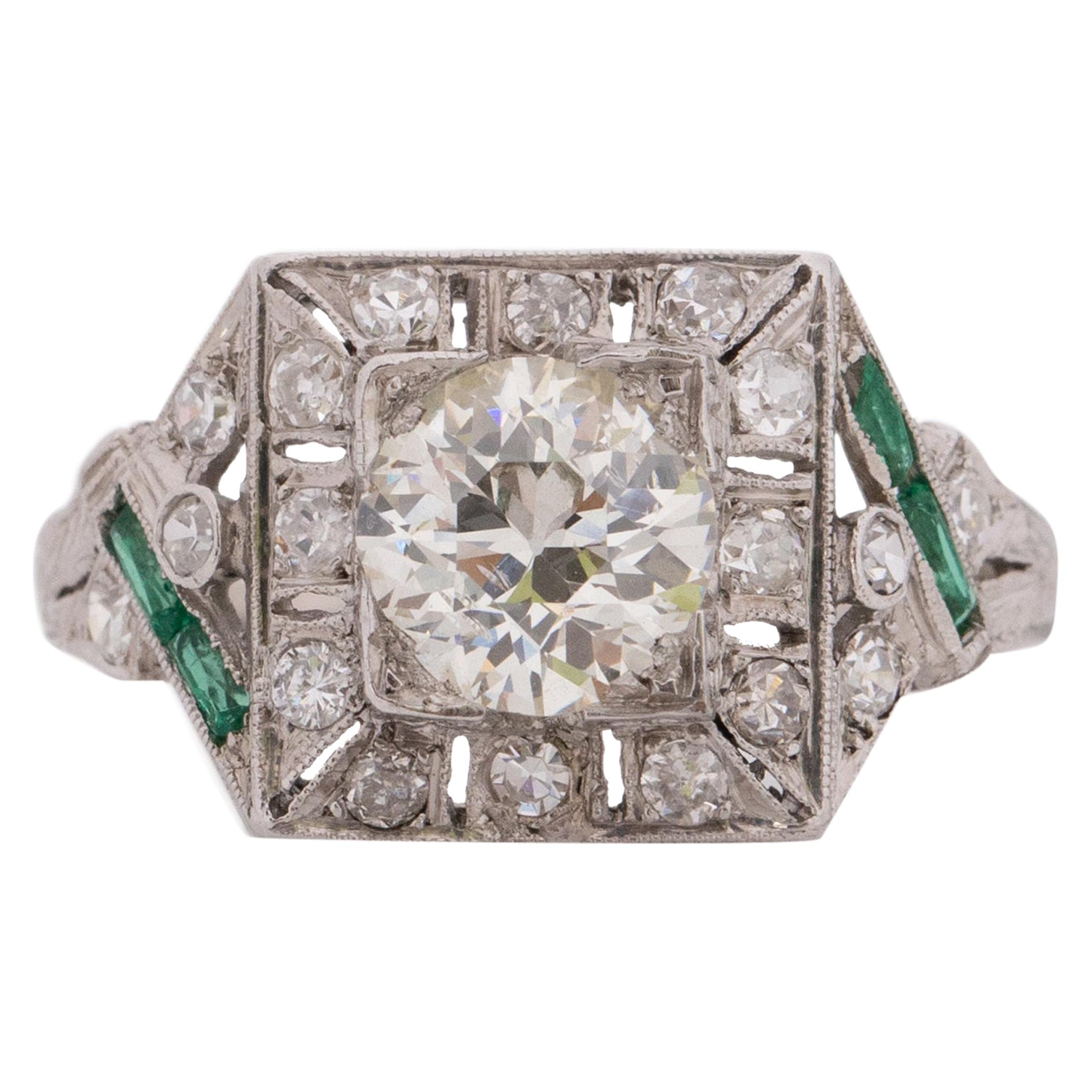 Art Deco Platinum 1.26 Ct GIA Certified Diamond and Emerald Vintage Ring