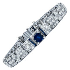 Art Deco Platinum 12.64 Carat GIA Certified Diamond and Sapphire Tennis Bracelet