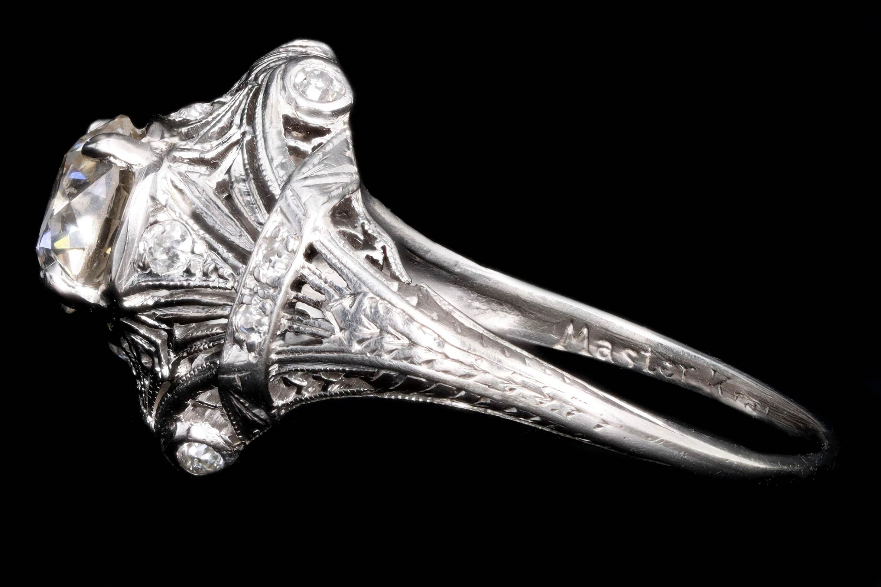 Art Deco Platinum 1.31 Carat Old European Diamond Ring In Excellent Condition In Cape May, NJ
