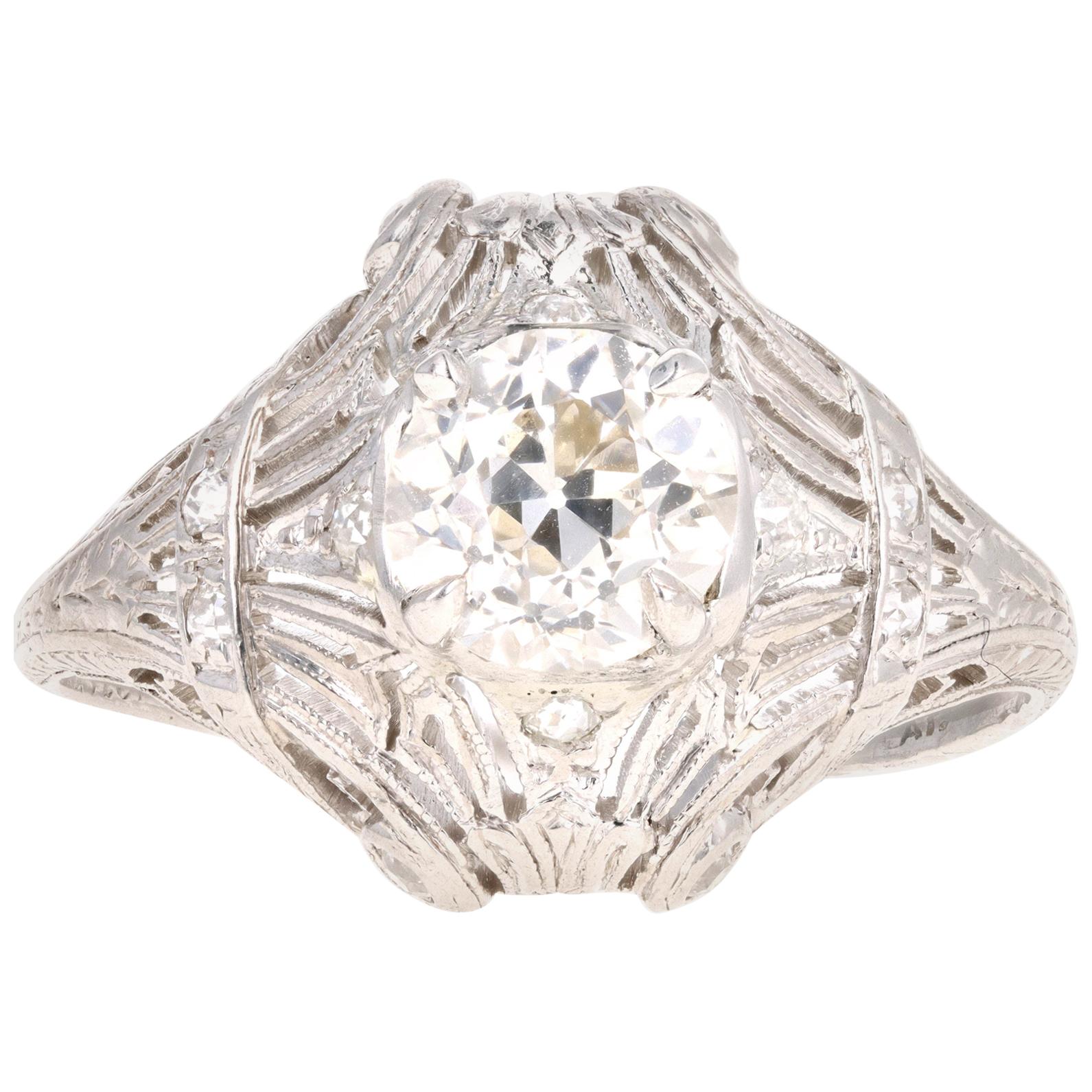 Art Deco Platinum 1.31 Carat Old European Diamond Ring