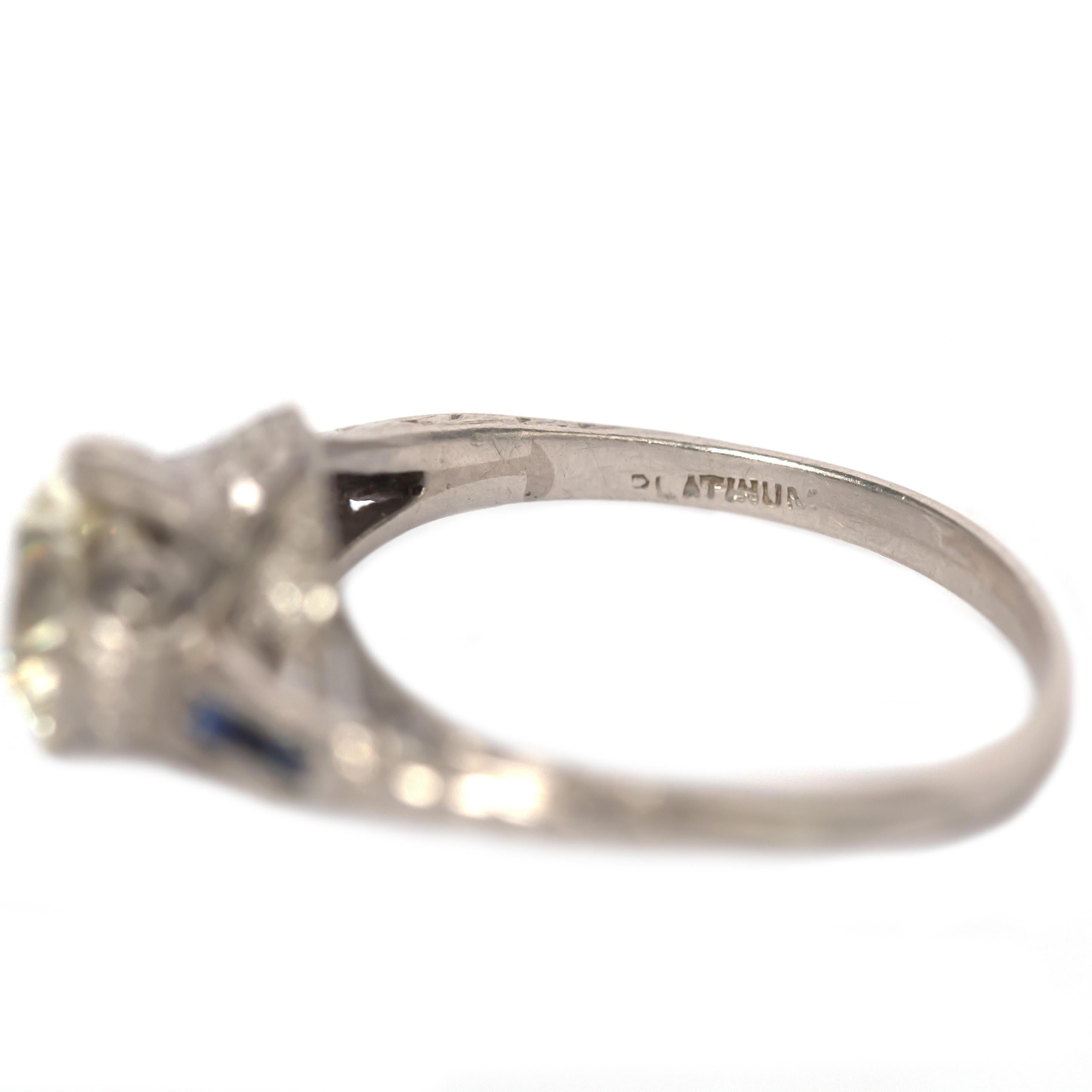 Old European Cut Art Deco Platinum 1.33 Carat Old European Diamond Blue Sapphire Engagement Ring