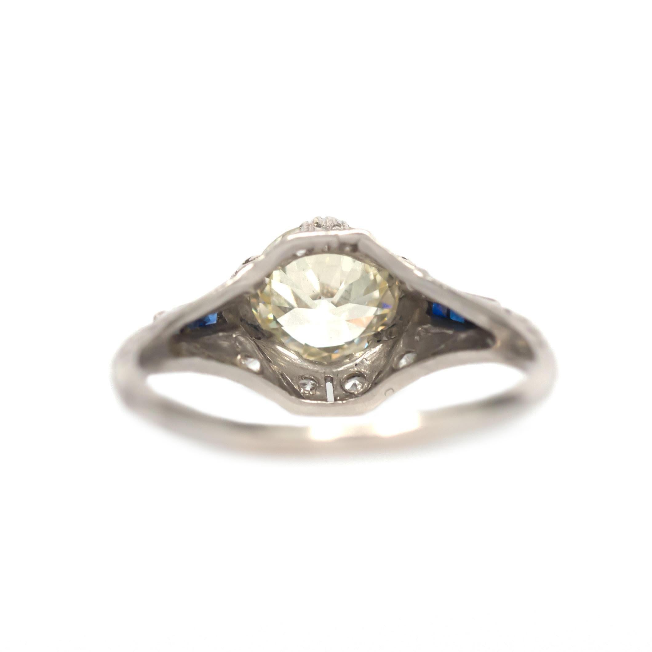 Art Deco Platinum 1.33 Carat Old European Diamond Blue Sapphire Engagement Ring In Good Condition In Addison, TX