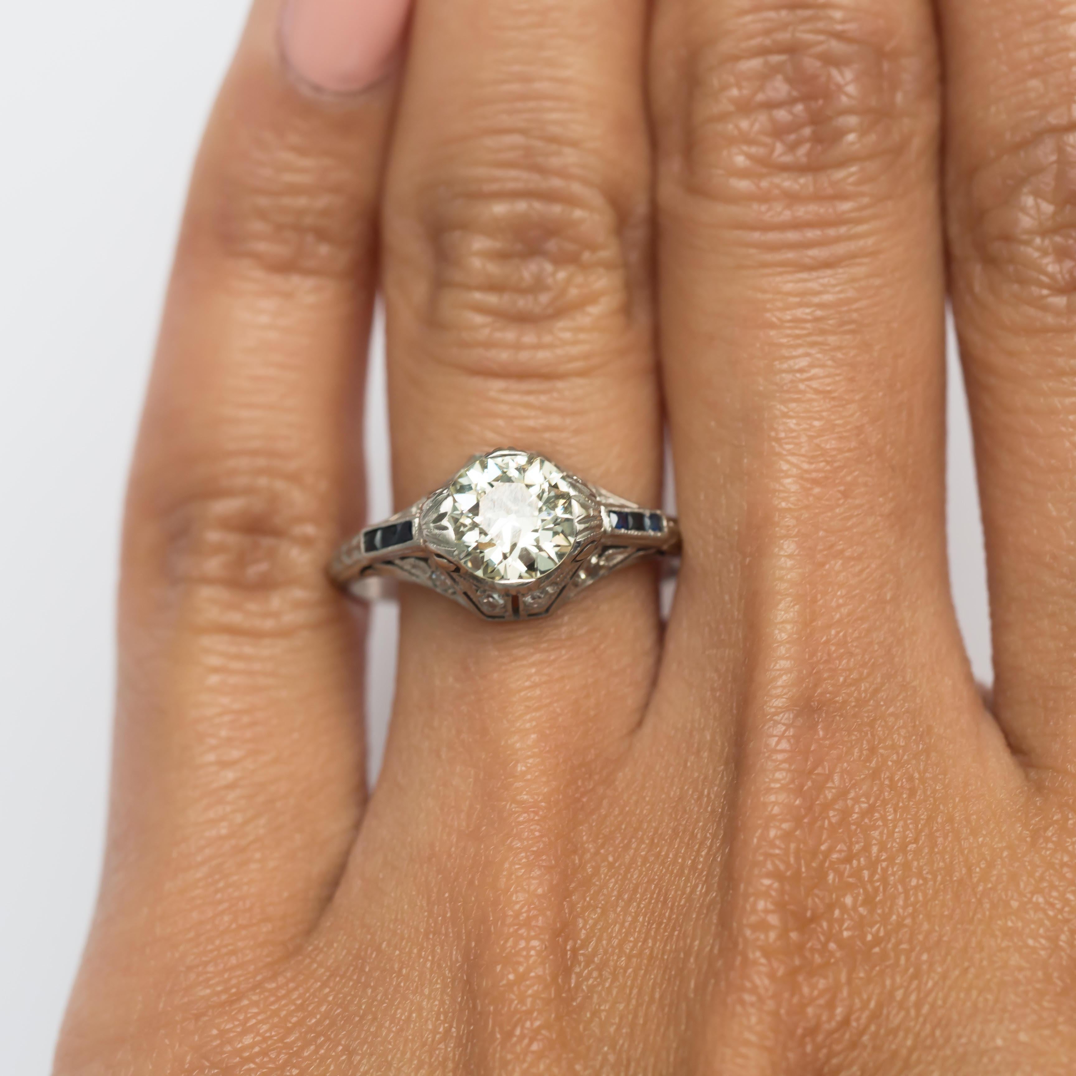Art Deco Platinum 1.33 Carat Old European Diamond Blue Sapphire Engagement Ring 1