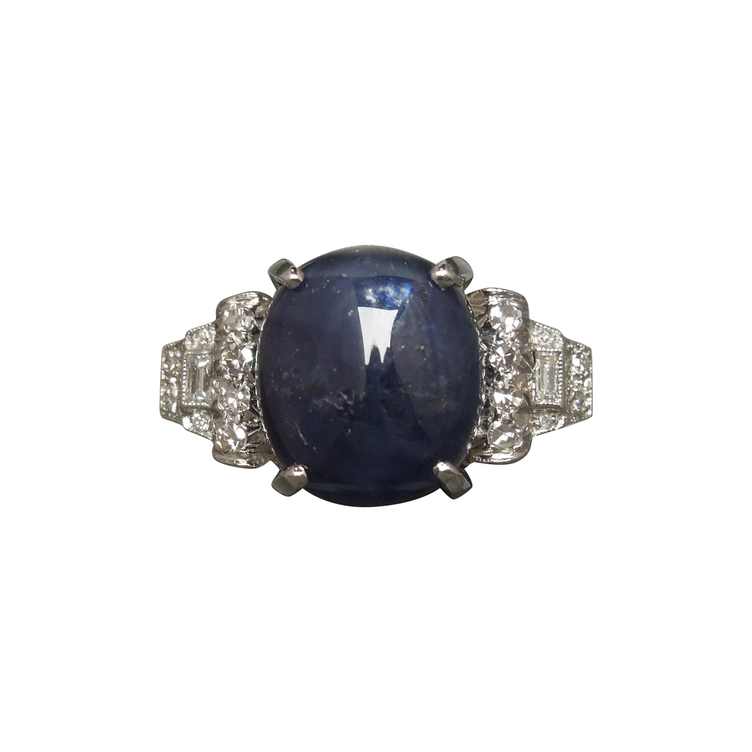 Art Deco Style 13.37 Carat Star Sapphire and Diamond Platinum Ring For Sale