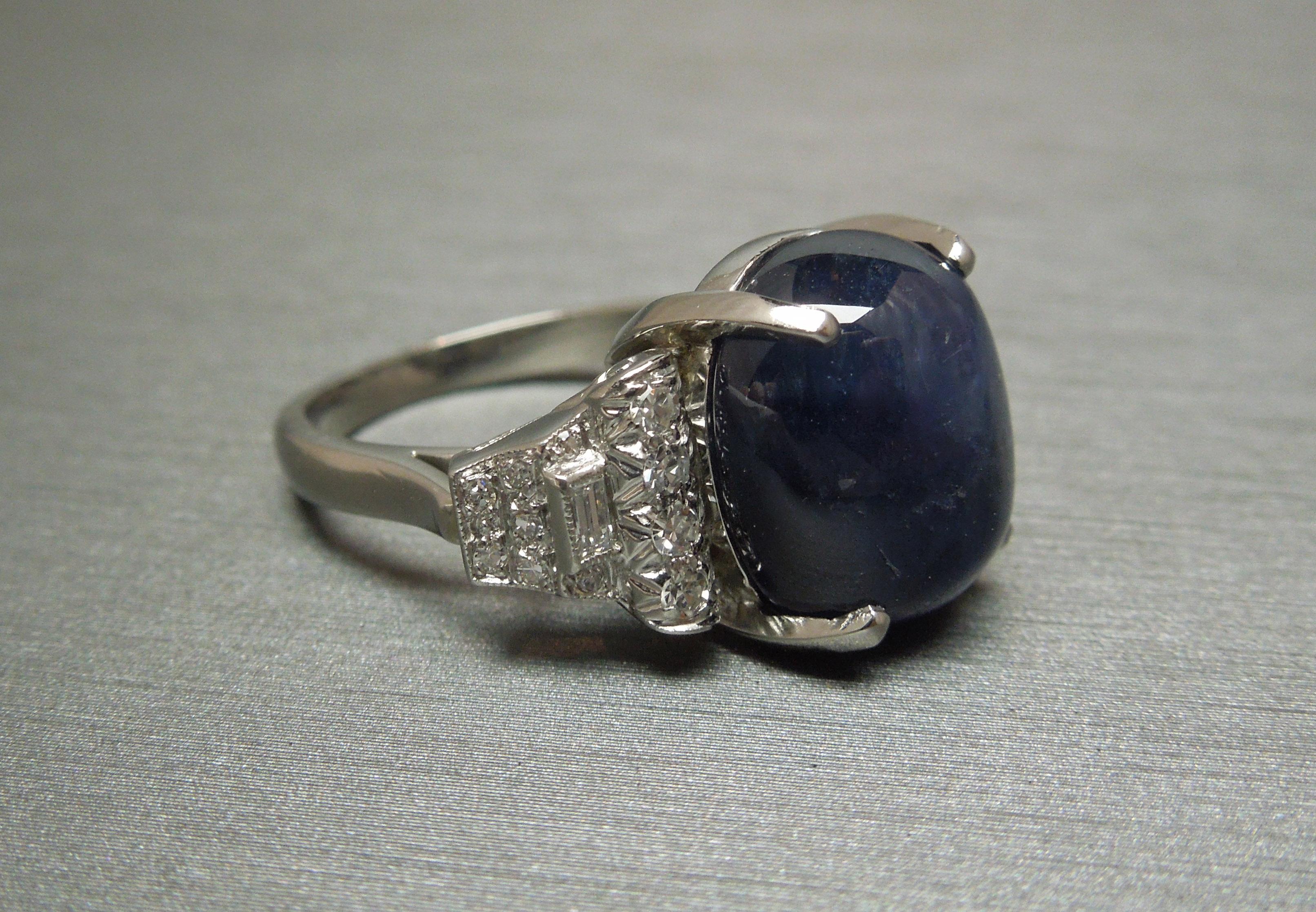 Art Deco Style 13.37 Carat Star Sapphire and Diamond Platinum Ring For Sale 5