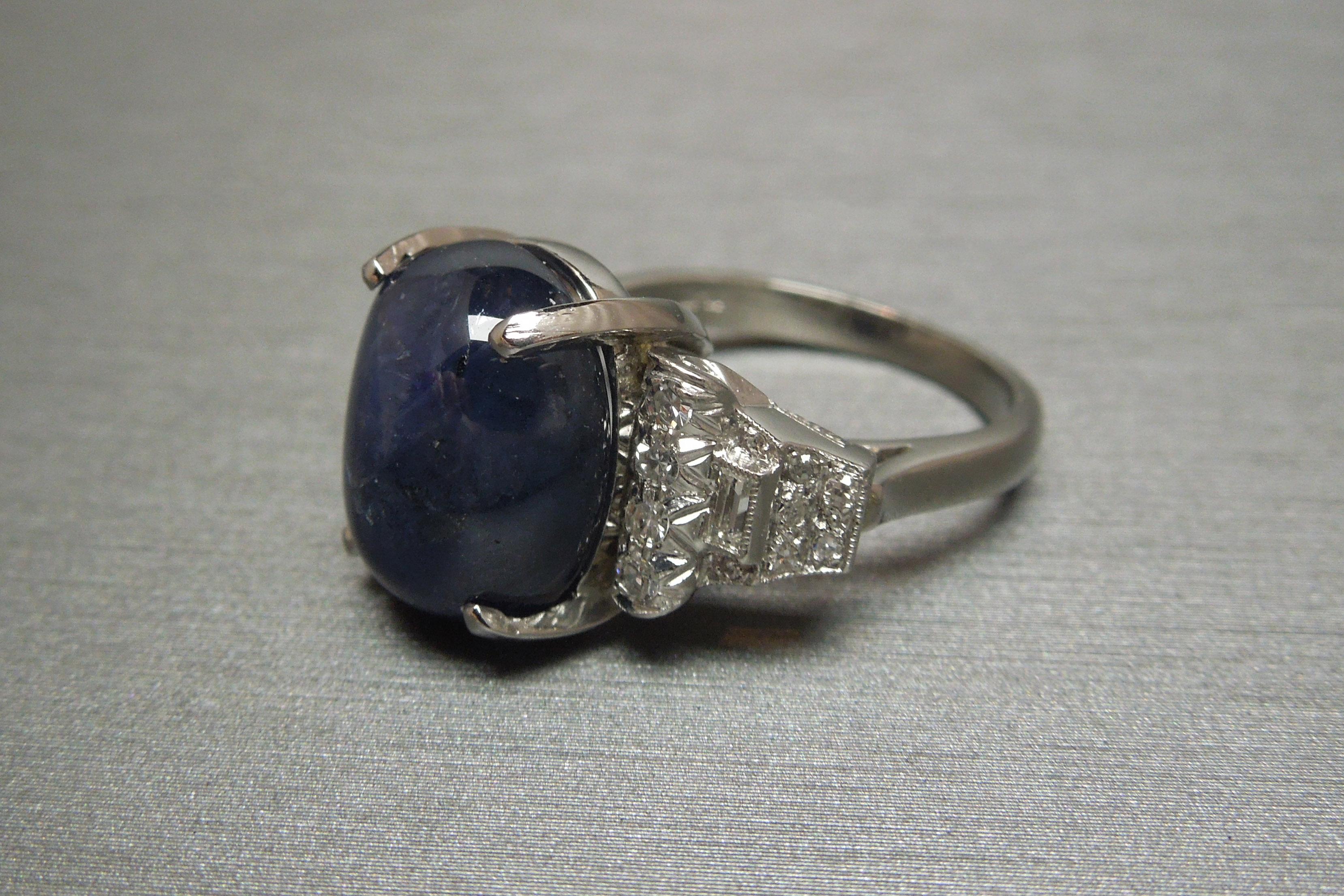 Art Deco Style 13.37 Carat Star Sapphire and Diamond Platinum Ring For Sale 6