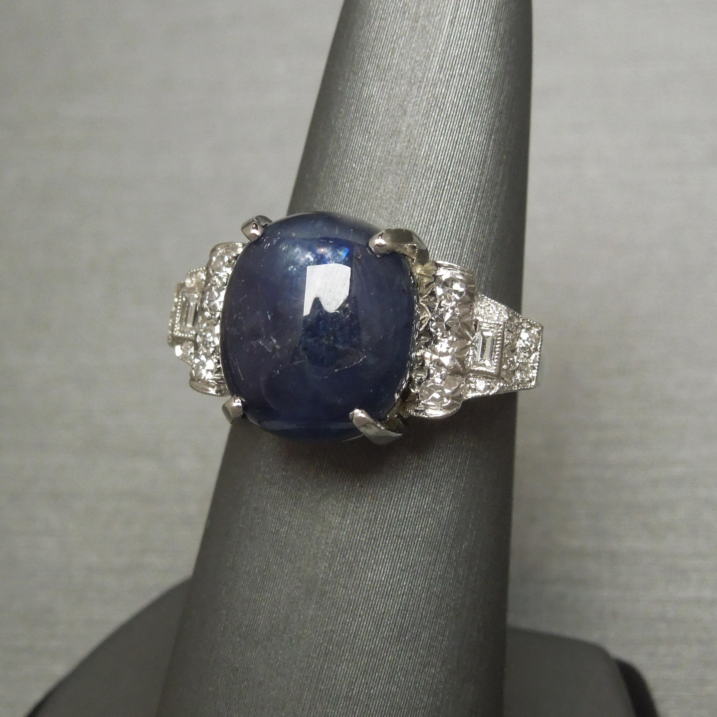 Women's Art Deco Style 13.37 Carat Star Sapphire and Diamond Platinum Ring For Sale