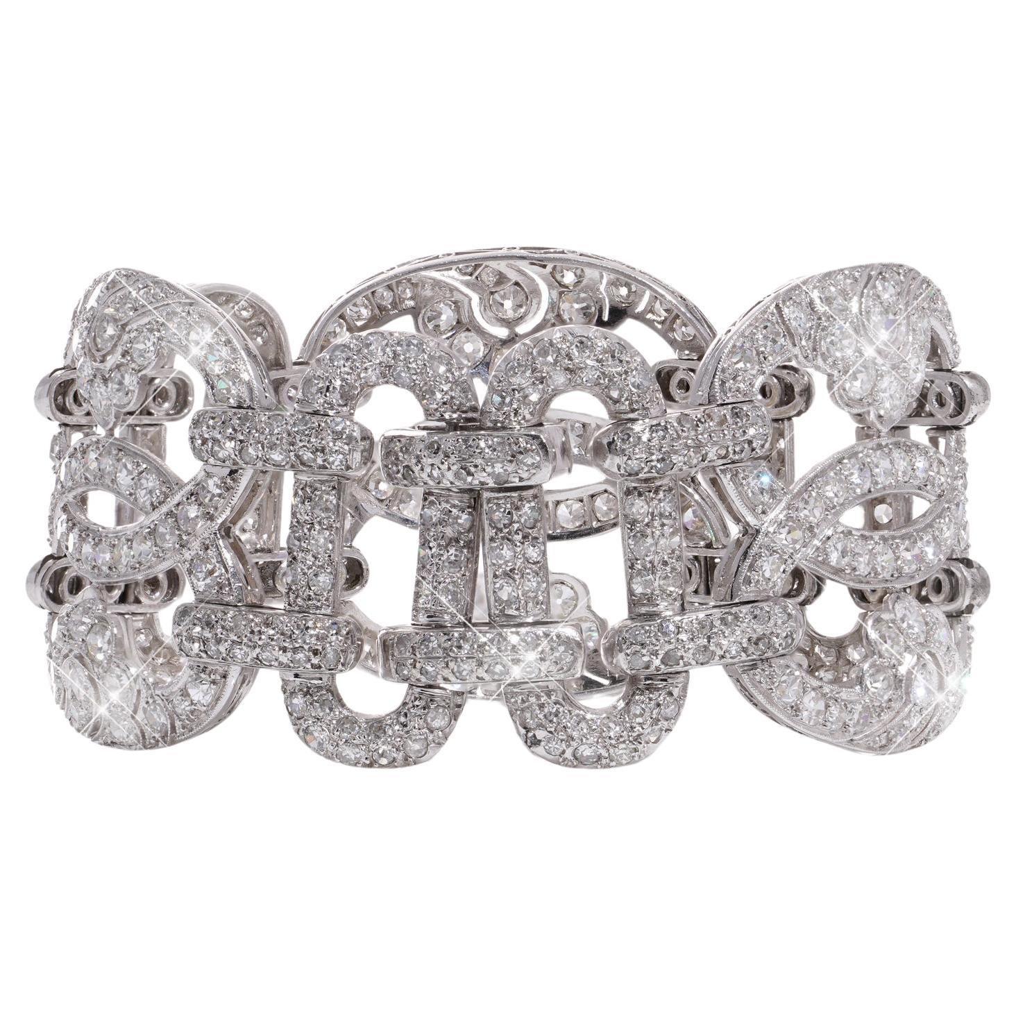 Art Deco platinum 13.38 carats of diamonds link bracelet. 
X-Ray been tested positive for Platinum. 

Dimensions - 
Weight: 54 grams
Size: Length x width x depth: 16 x 3.3 cm 

Diamonds - 
Cut: Old-European, round brilliant
Quantity of diamonds: