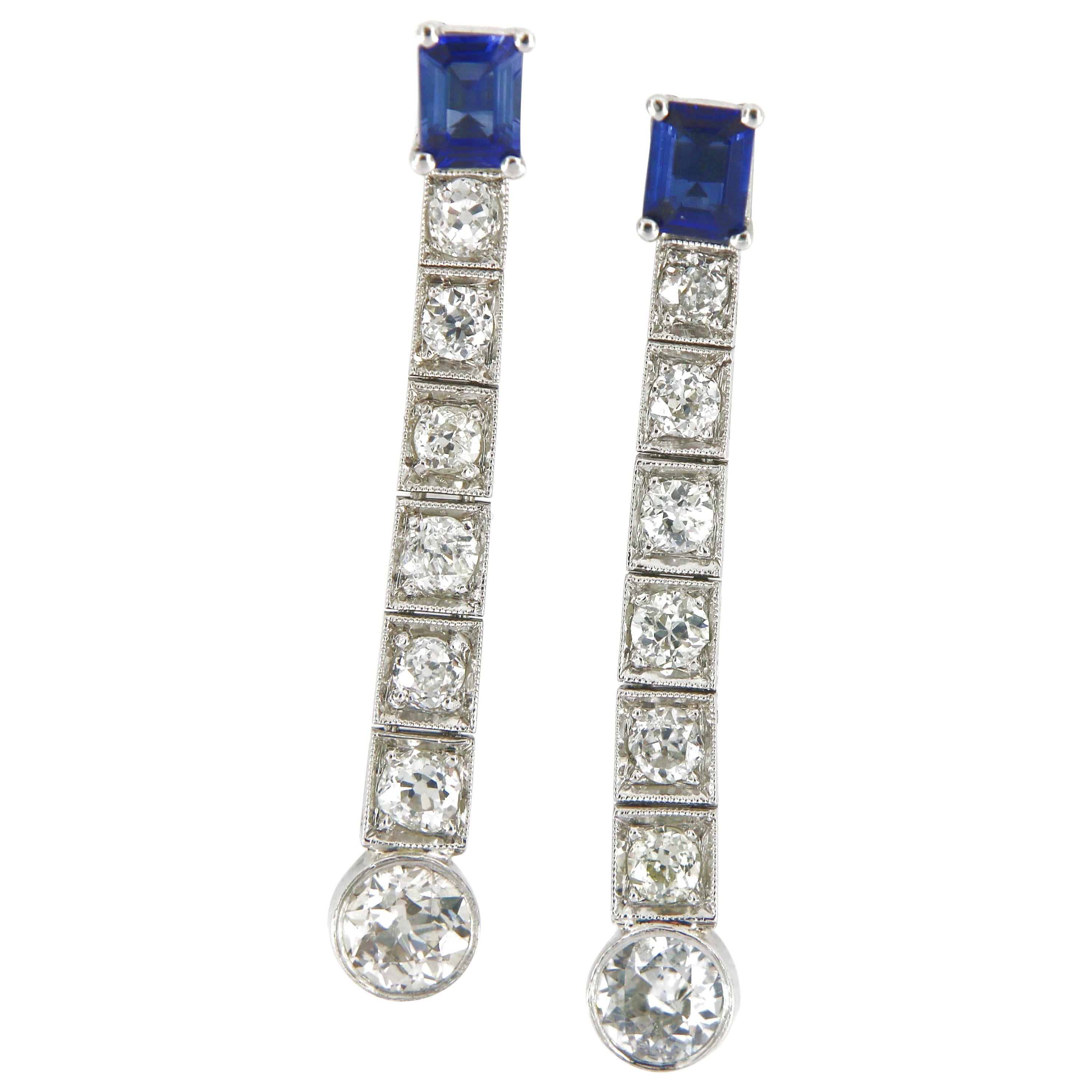 Art Deco Platinum 14 Karat Diamond and Sapphire Drop Earring