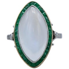 Vintage Art Deco, Platinum, 14 Karat Gold and Marque Shaped Moon Stone Ring