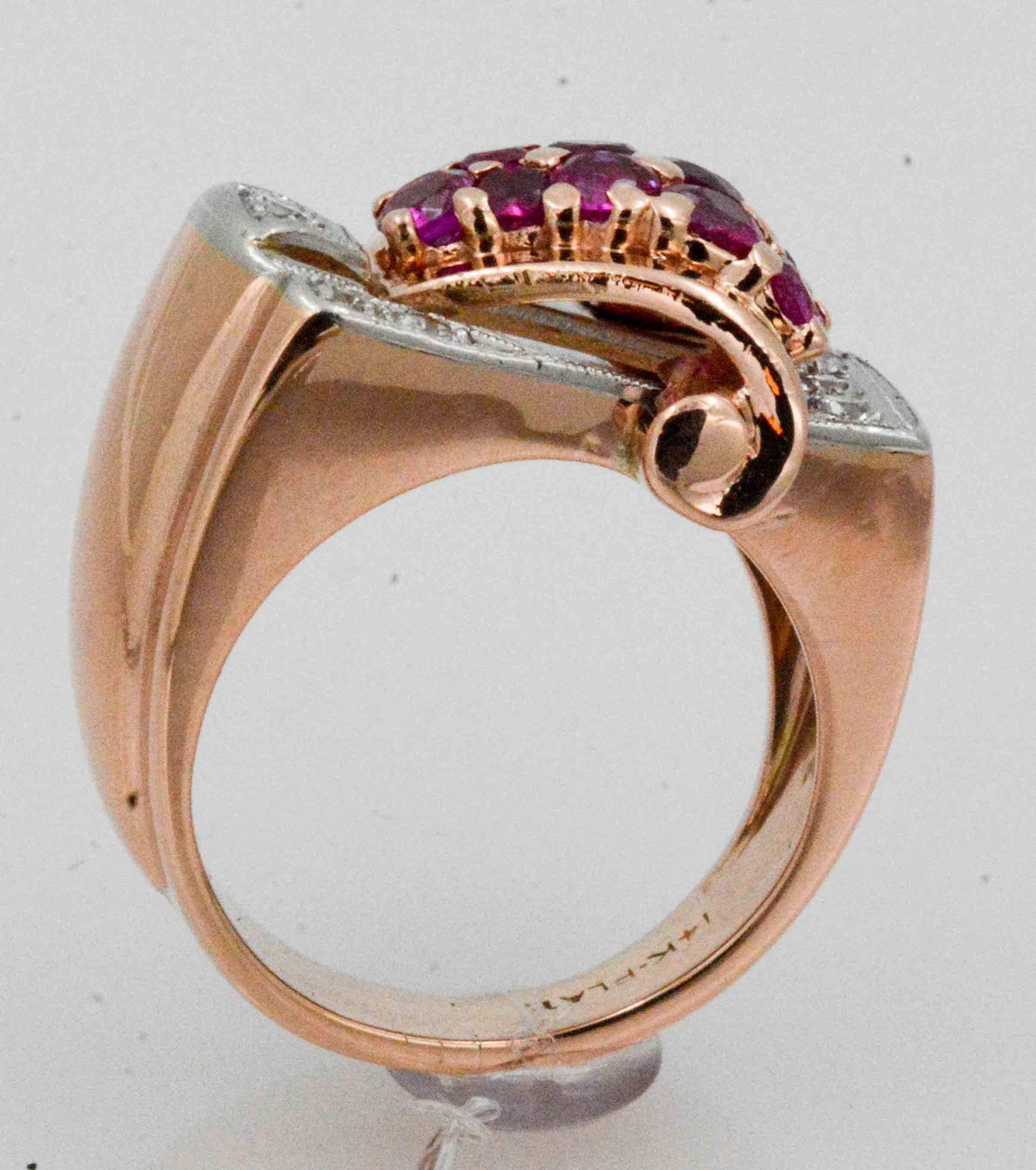 Art Deco Platinum & 14K Rose Gold Ruby Diamond Ring In Excellent Condition In Dallas, TX