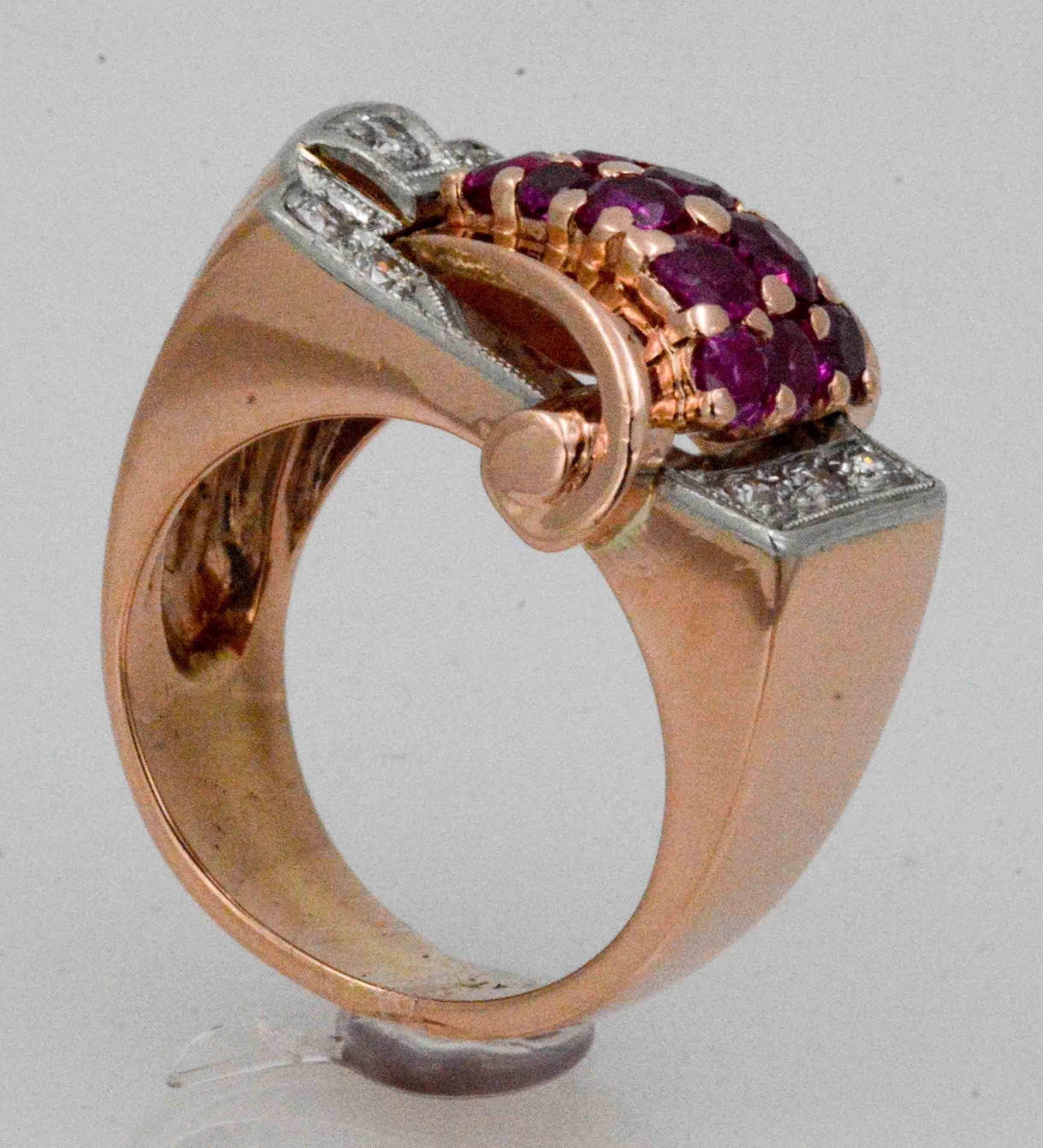 Women's Art Deco Platinum & 14K Rose Gold Ruby Diamond Ring