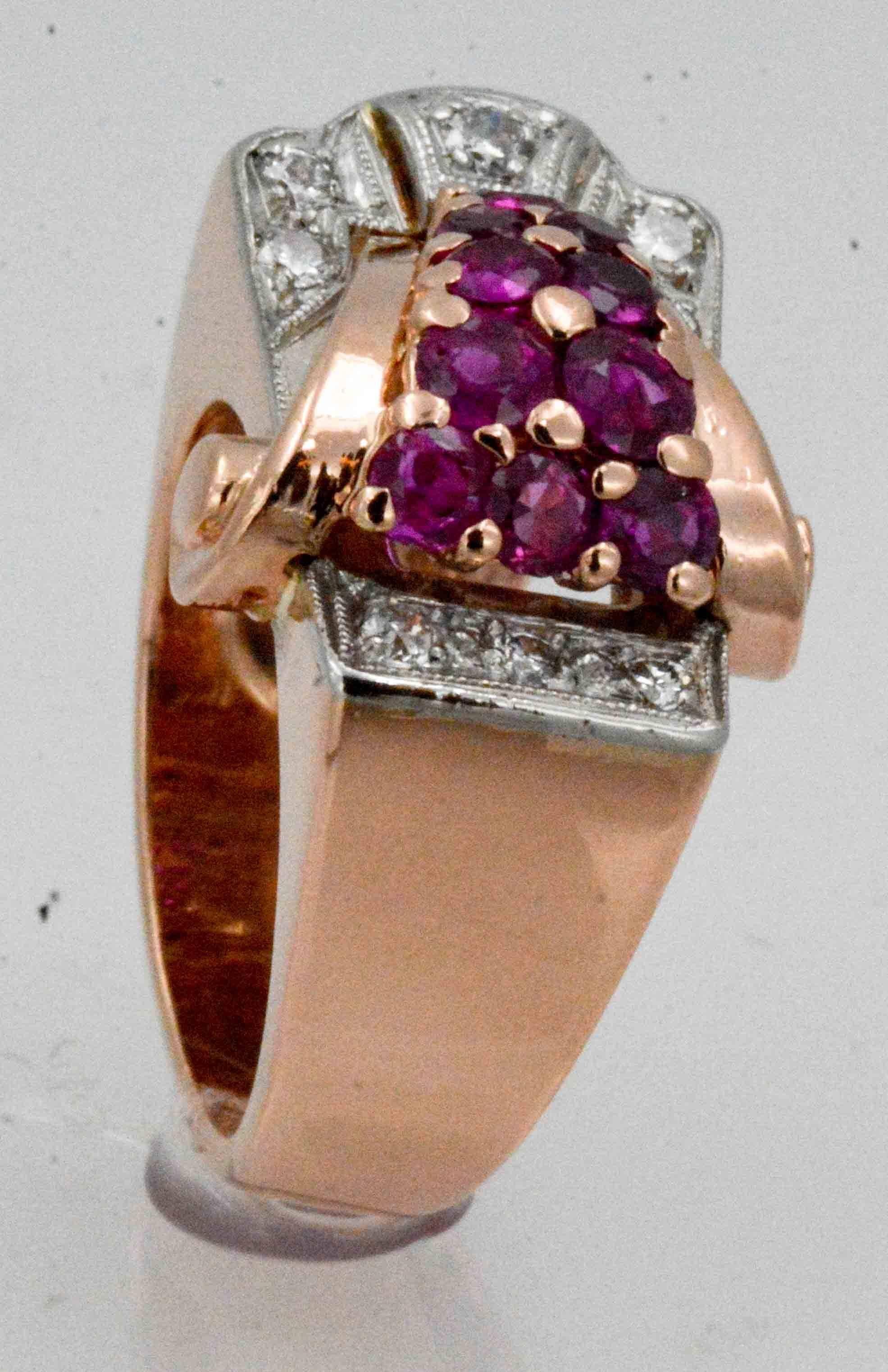 Art Deco Platinum & 14K Rose Gold Ruby Diamond Ring 1
