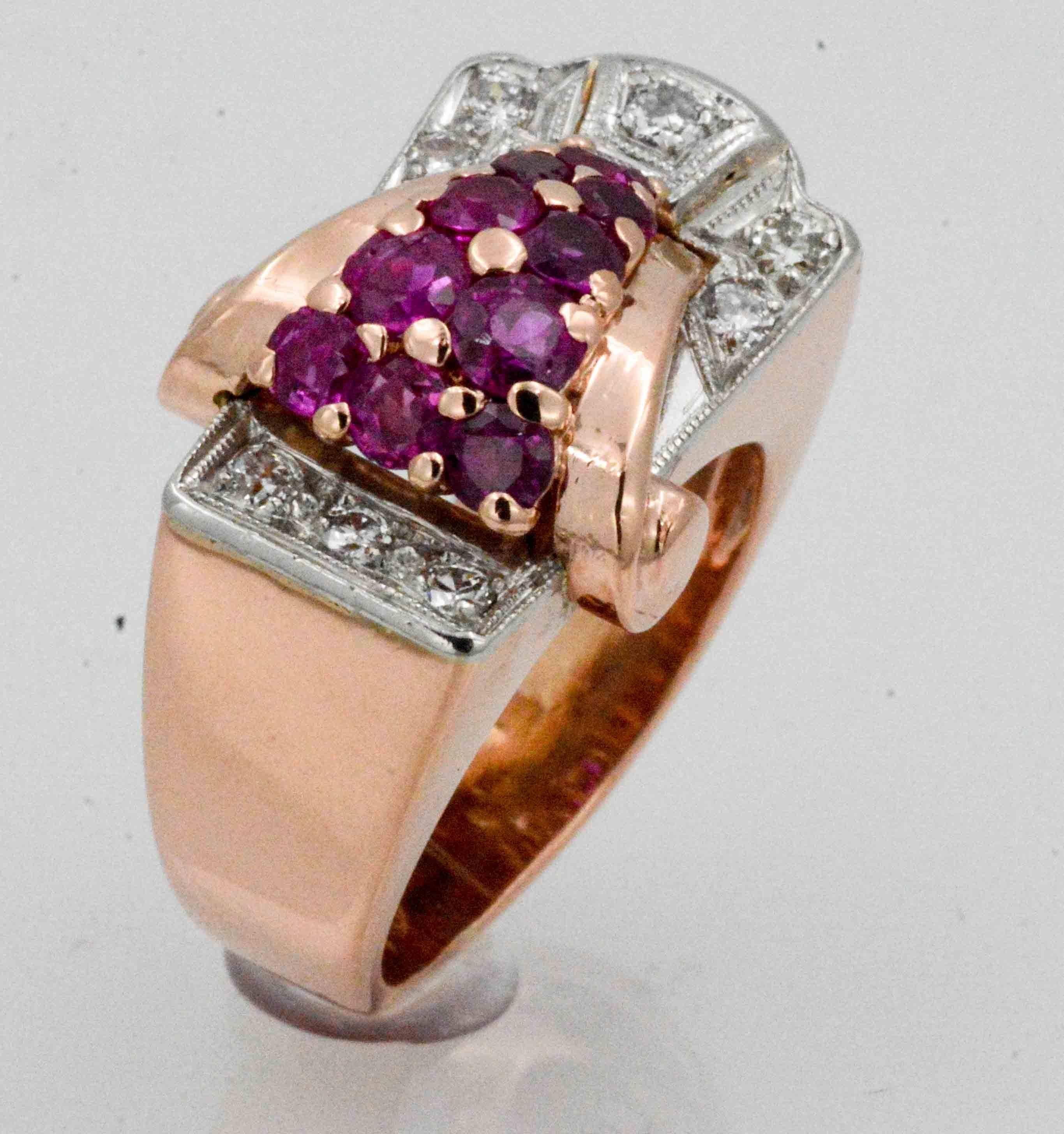 Art Deco Platinum & 14K Rose Gold Ruby Diamond Ring 2