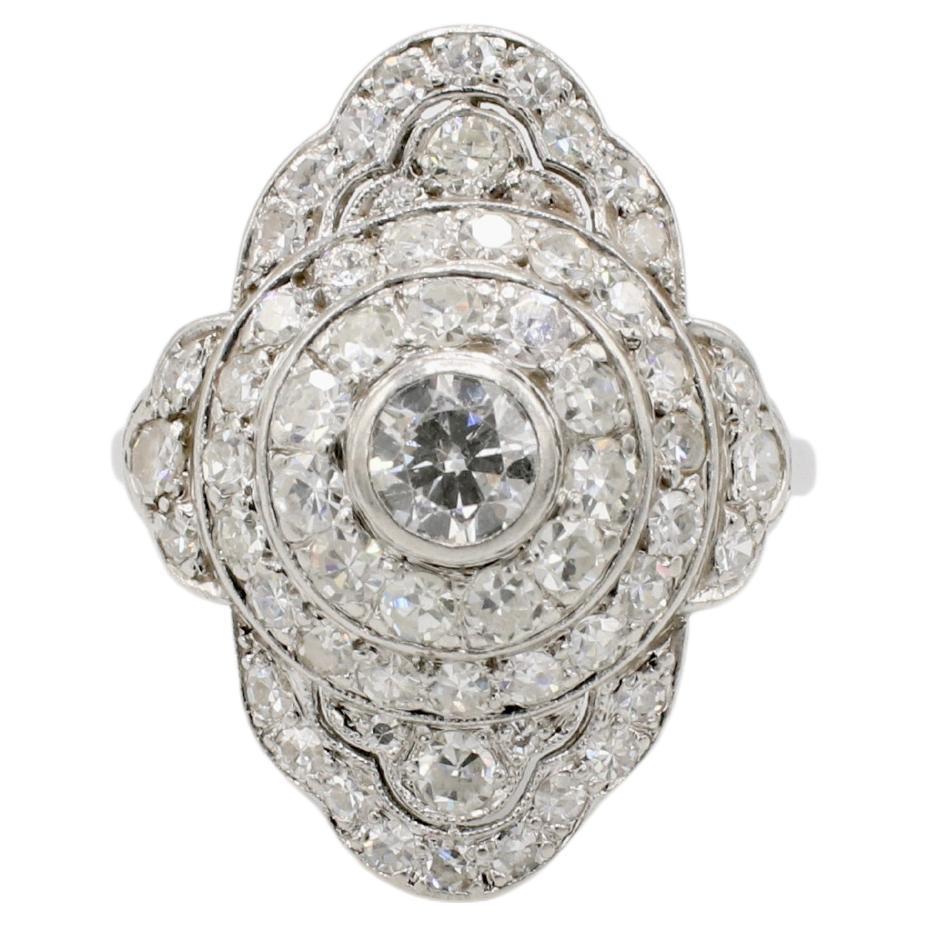 Art Deco Platinum 1.40 Carat Natural Diamond Navette Cluster Dome Ring
