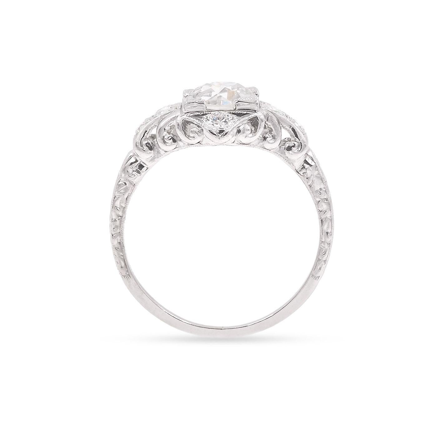 Art déco Art Deco Platine 1.45 Carat  GIA Bague de fiançailles avec diamant de taille européenne ancienne en vente