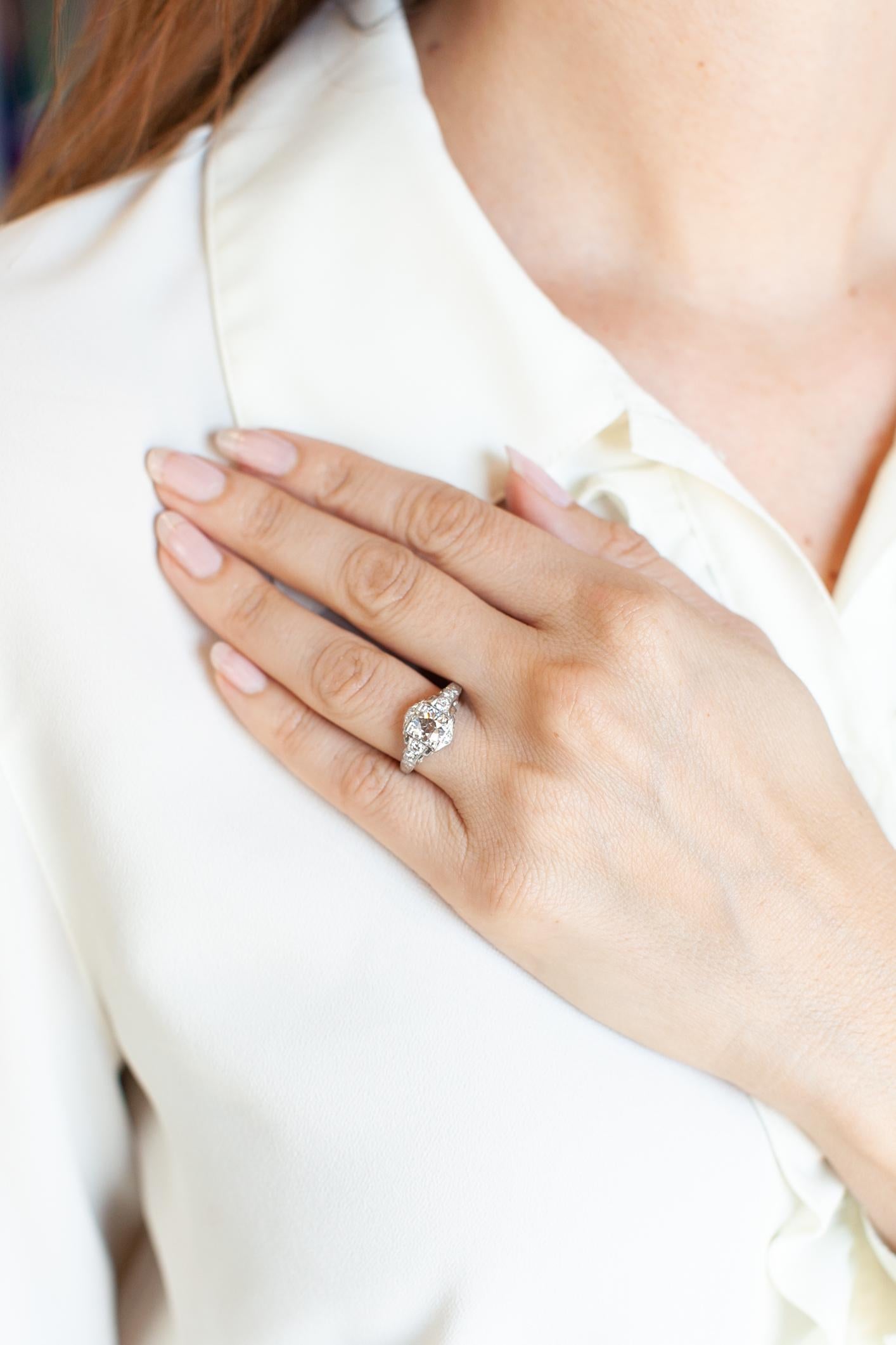 Art Deco Platine 1.45 Carat  GIA Bague de fiançailles avec diamant de taille européenne ancienne Bon état - En vente à Los Angeles, CA