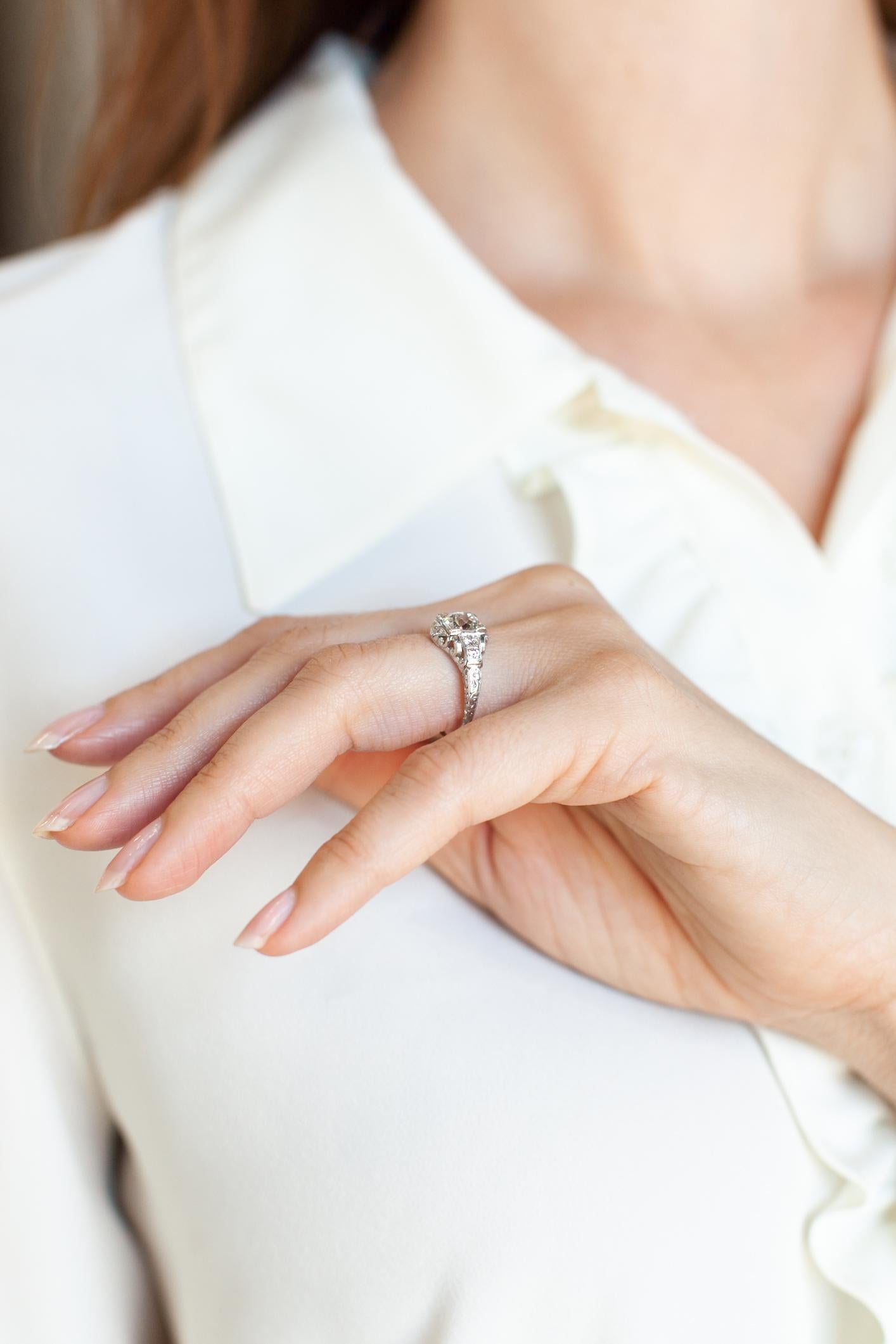 Art Deco Platine 1.45 Carat  GIA Bague de fiançailles avec diamant de taille européenne ancienne Pour femmes en vente