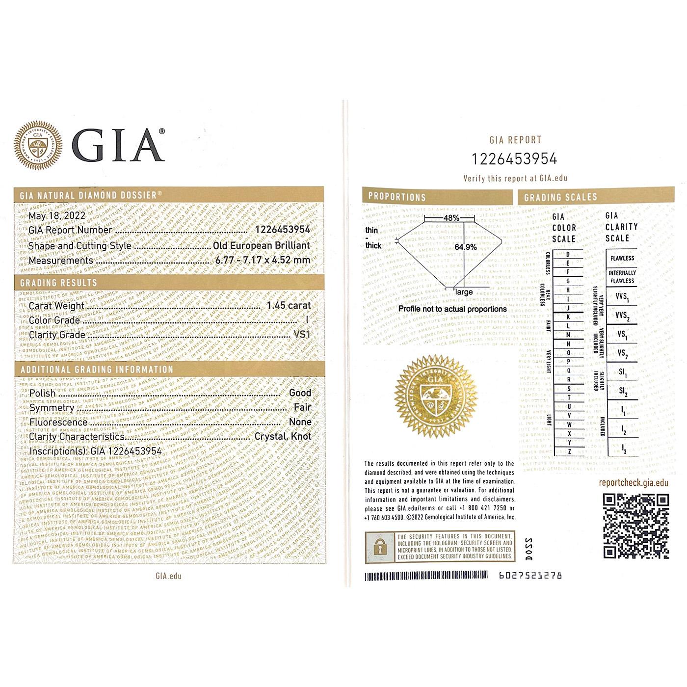 Art Deco Platine 1.45 Carat  GIA Bague de fiançailles avec diamant de taille européenne ancienne en vente 1