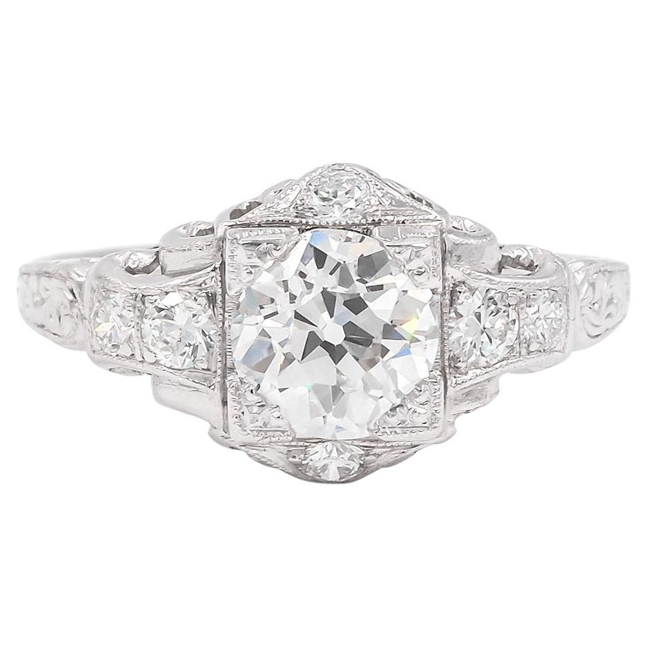 Art Deco Platine 1.45 Carat GIA Bague de fiançailles avec diamant de taille européenne ancienne