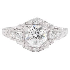 Art Deco Platine 1.45 Carat GIA Bague de fiançailles avec diamant de taille européenne ancienne
